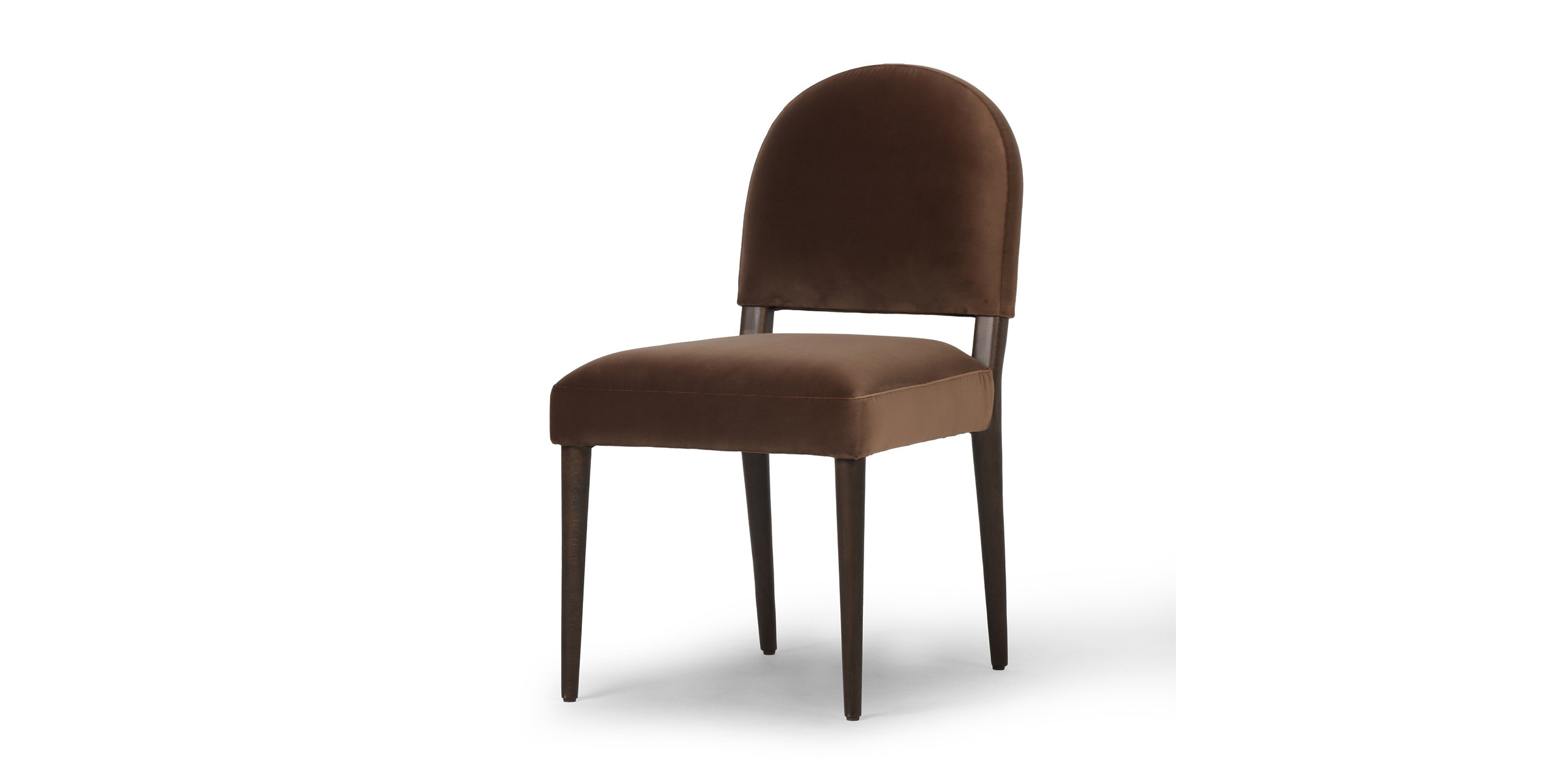 Stylish modern chair in chocolate brown velvet with sleek dark wood legs. Perfect for any decor.
