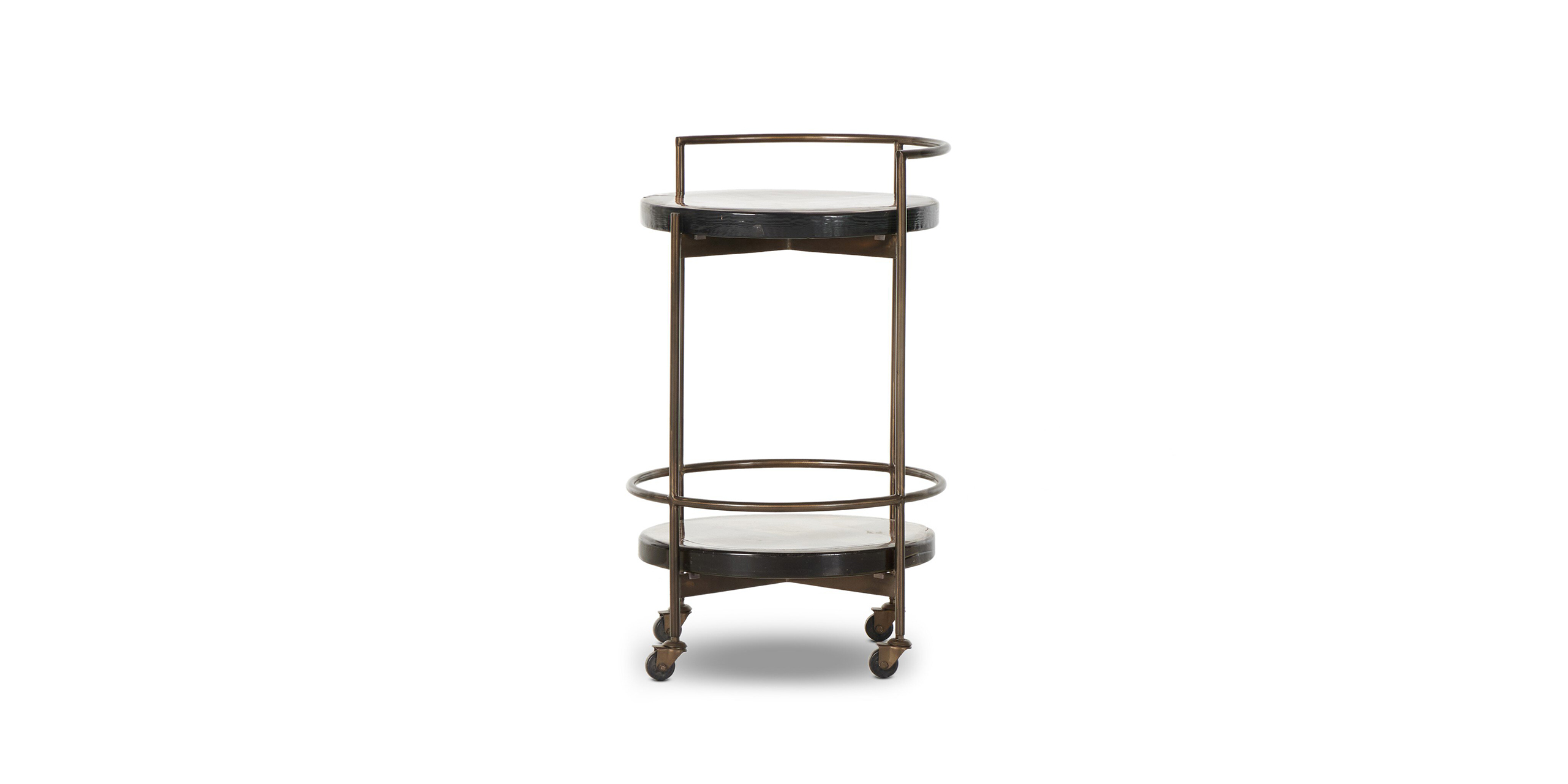 Chic brass-finished serving cart with circular shelves, ideal for entertaining and stylish home decor.
