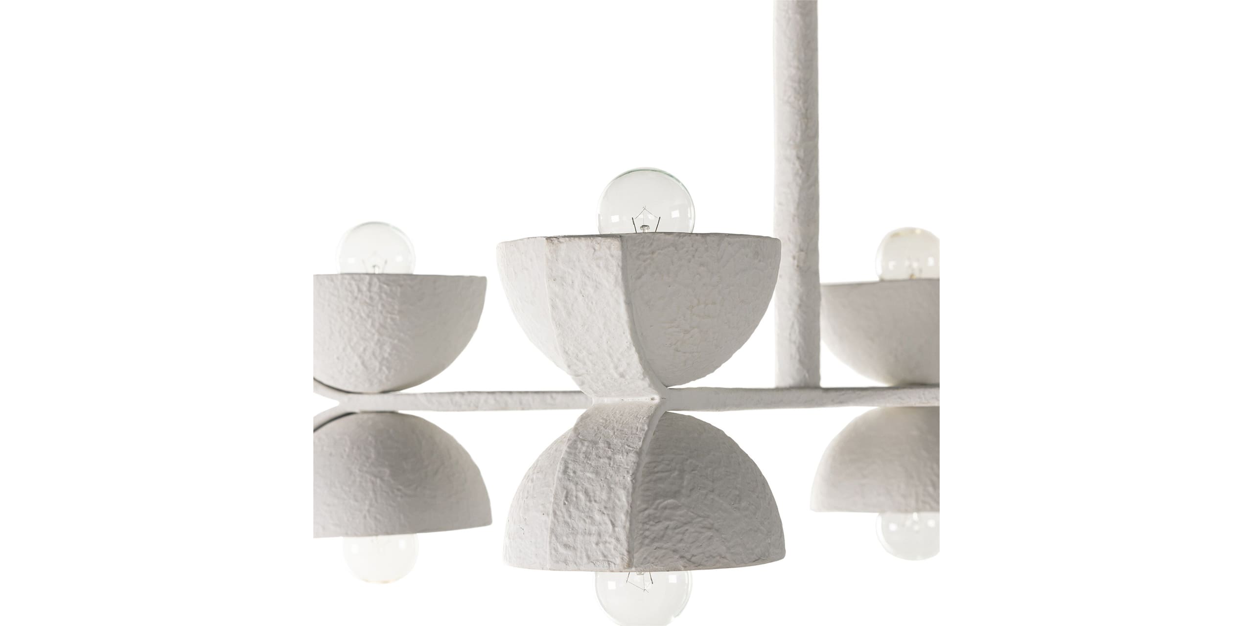 Minimalist white chandelier with textured bowls, perfect for modern and contemporary interiors.