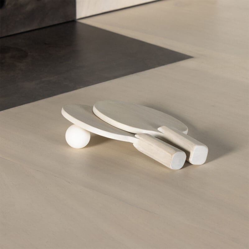 Stylish table tennis paddles and ball on a polished surface, ready for play.