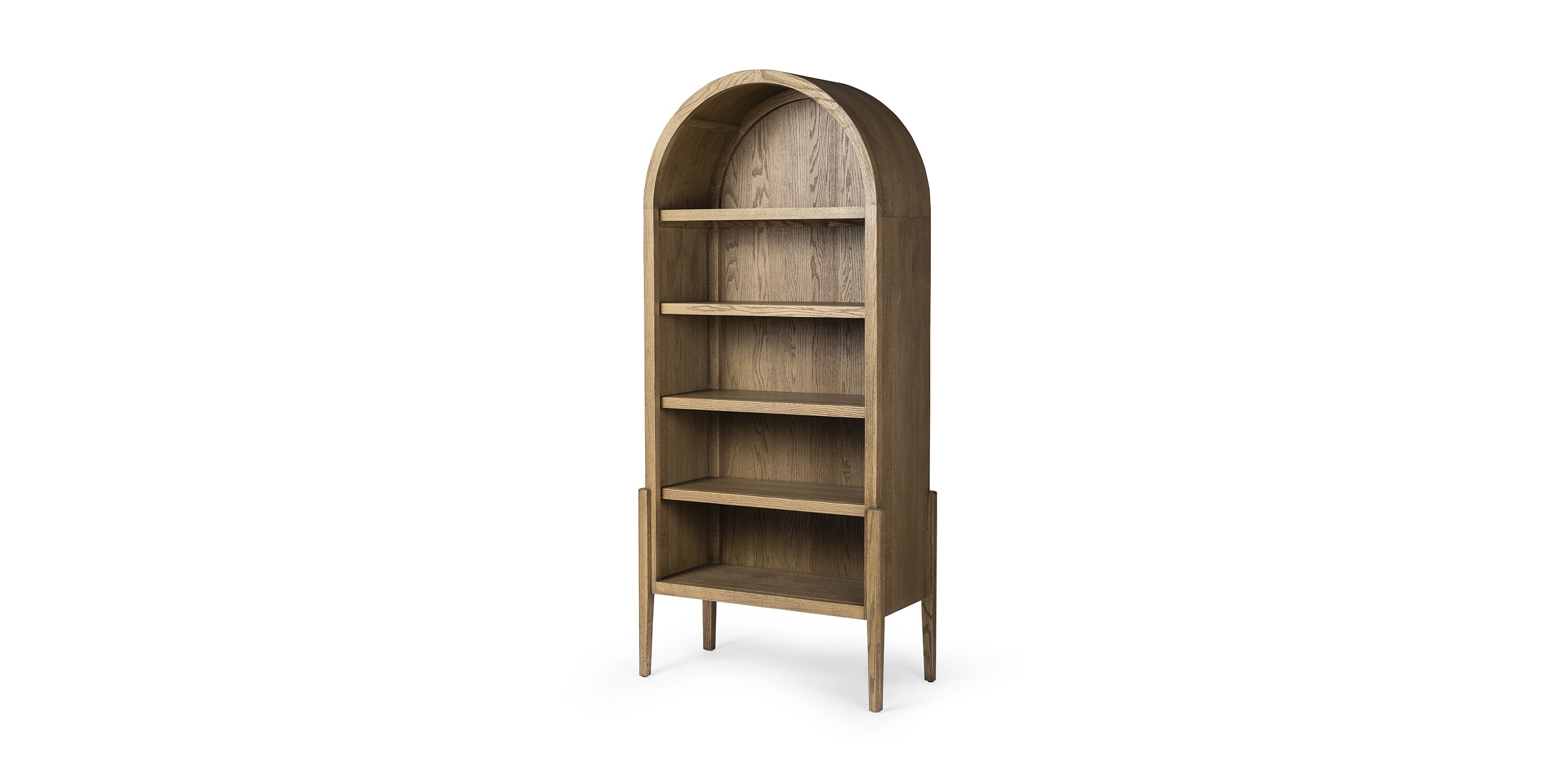 Sophisticated wooden bookshelf with arched design and five spacious shelves for elegant display.