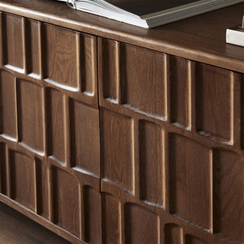 Sleek wooden cabinet with intricate grid design, rich brown finish, perfect for any decor style.