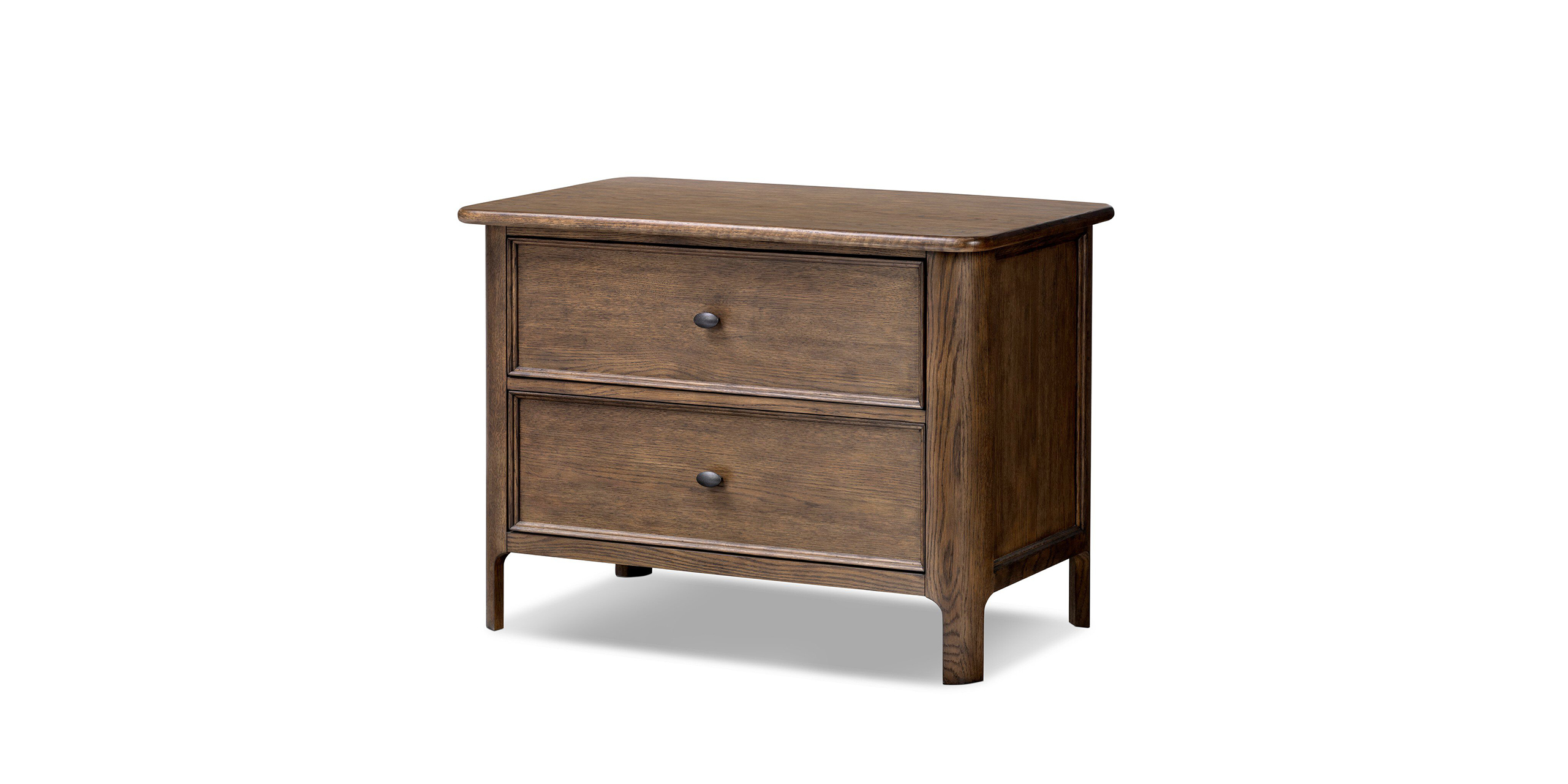 Stylish rustic wooden nightstand with two drawers and matte black handles for modern bedrooms.