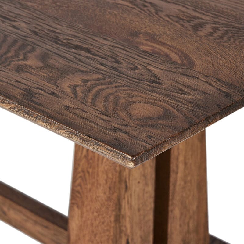 Artisan-crafted wooden table top with rich brown finish and elegant design elements.