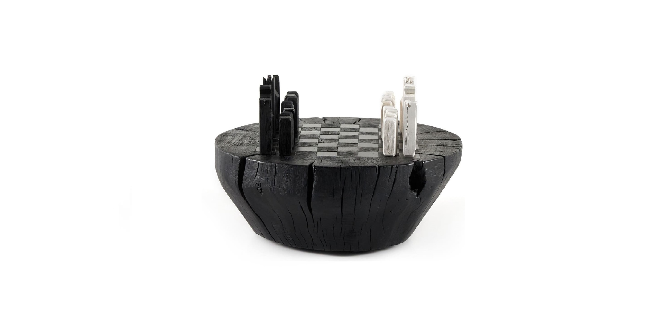 Artisan circular chessboard with contrasting wooden pieces, blending functionality and art for a stunning centerpiece.
