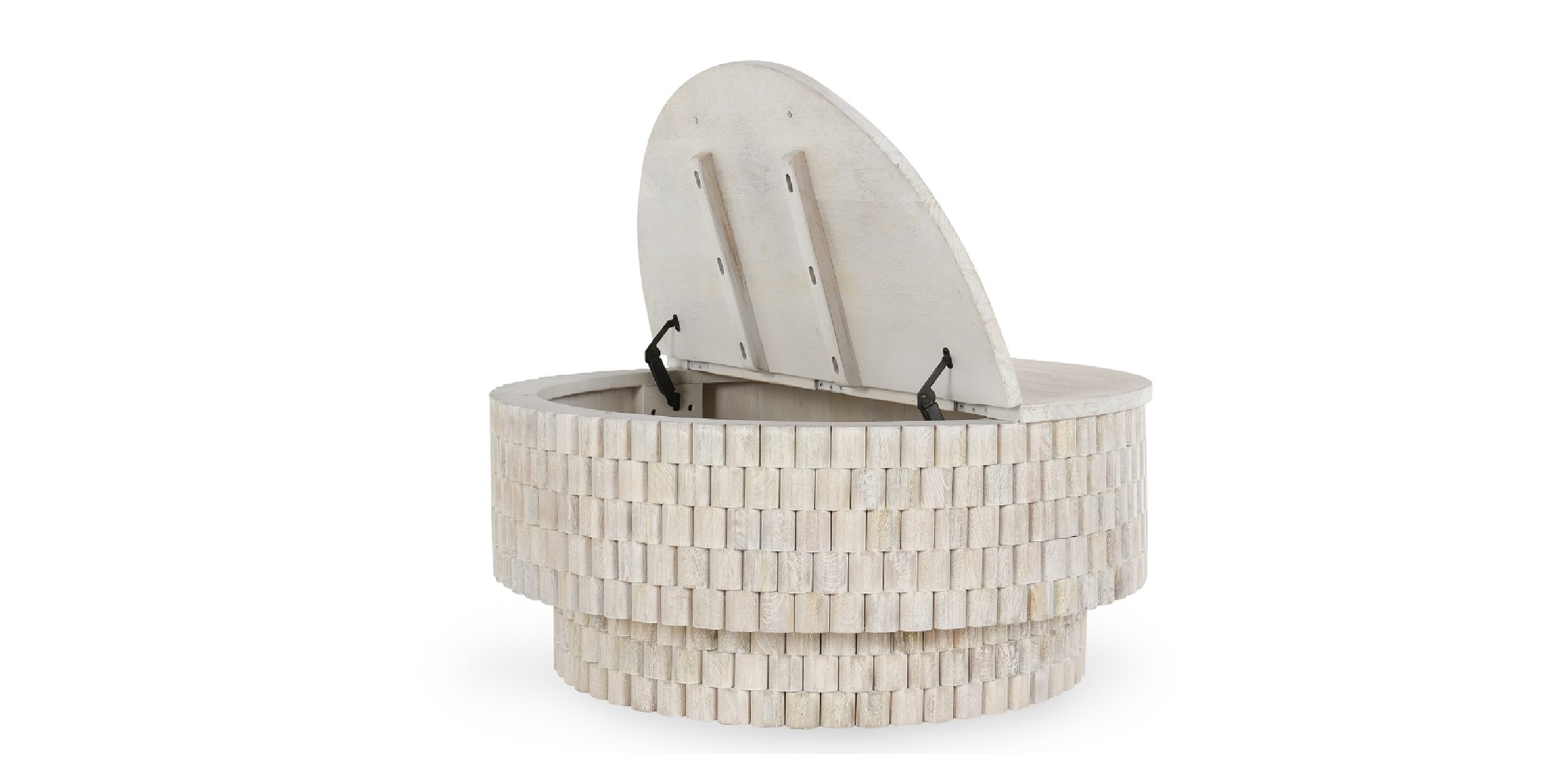 Modern round storage unit with hinged lid and metal handles for versatile, stylish organization.