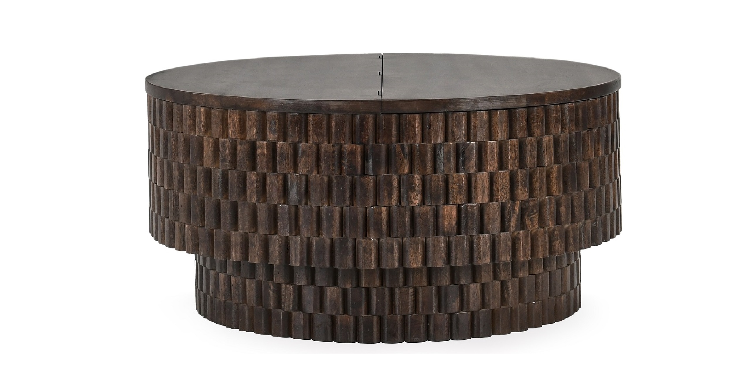 Elegant circular wooden coffee table with textured block design, ideal for modern living spaces.