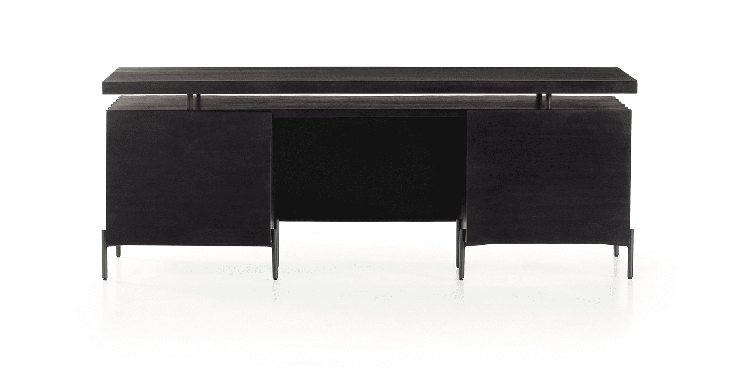 Contemporary black console table with minimalist design and hidden storage, perfect for modern interiors.