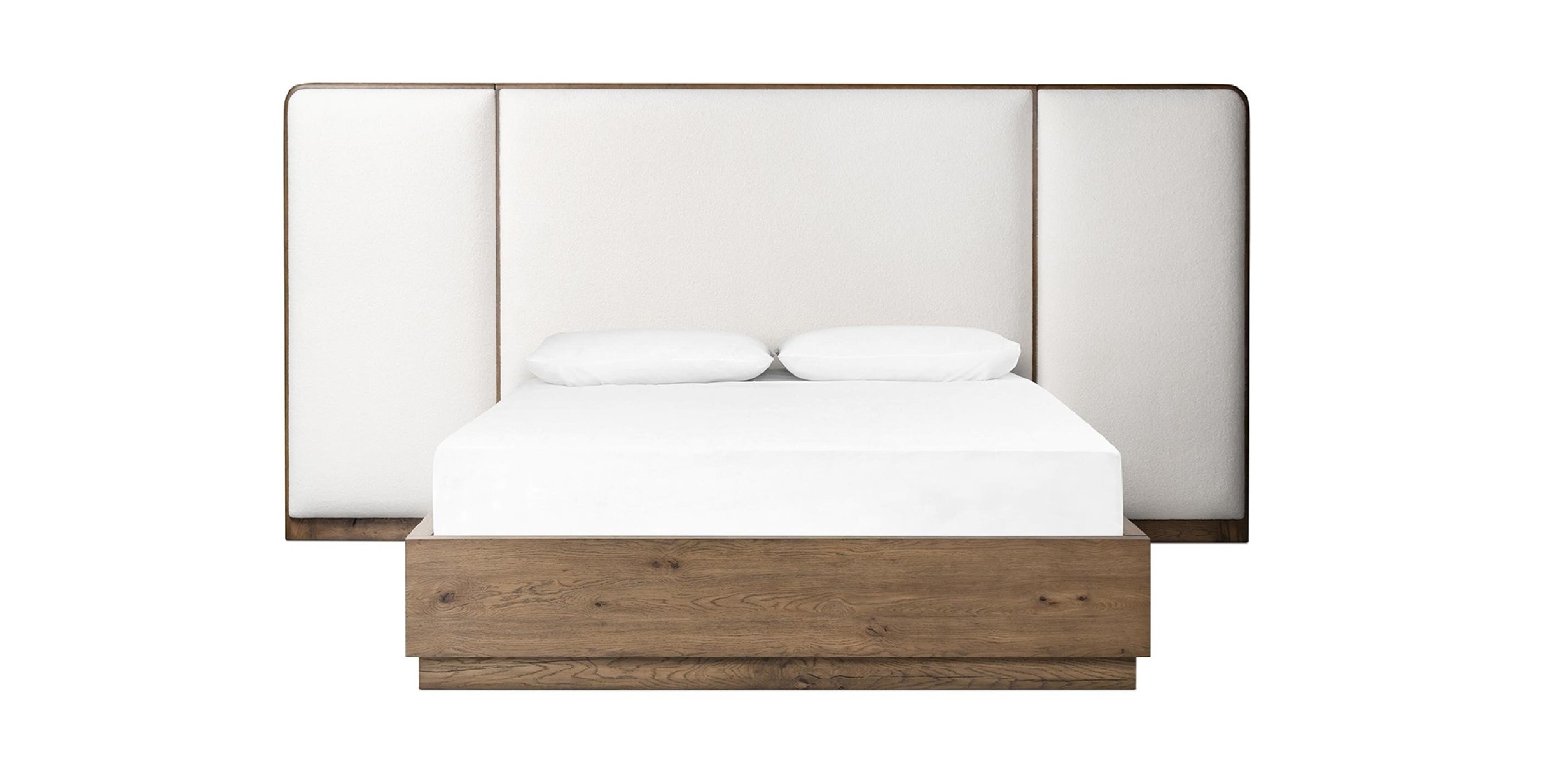 Modern minimalist bed with upholstered headboard and wooden frame, perfect for contemporary bedrooms.