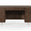 Sleek dark walnut desk with minimalist design and integrated storage for modern workspaces.