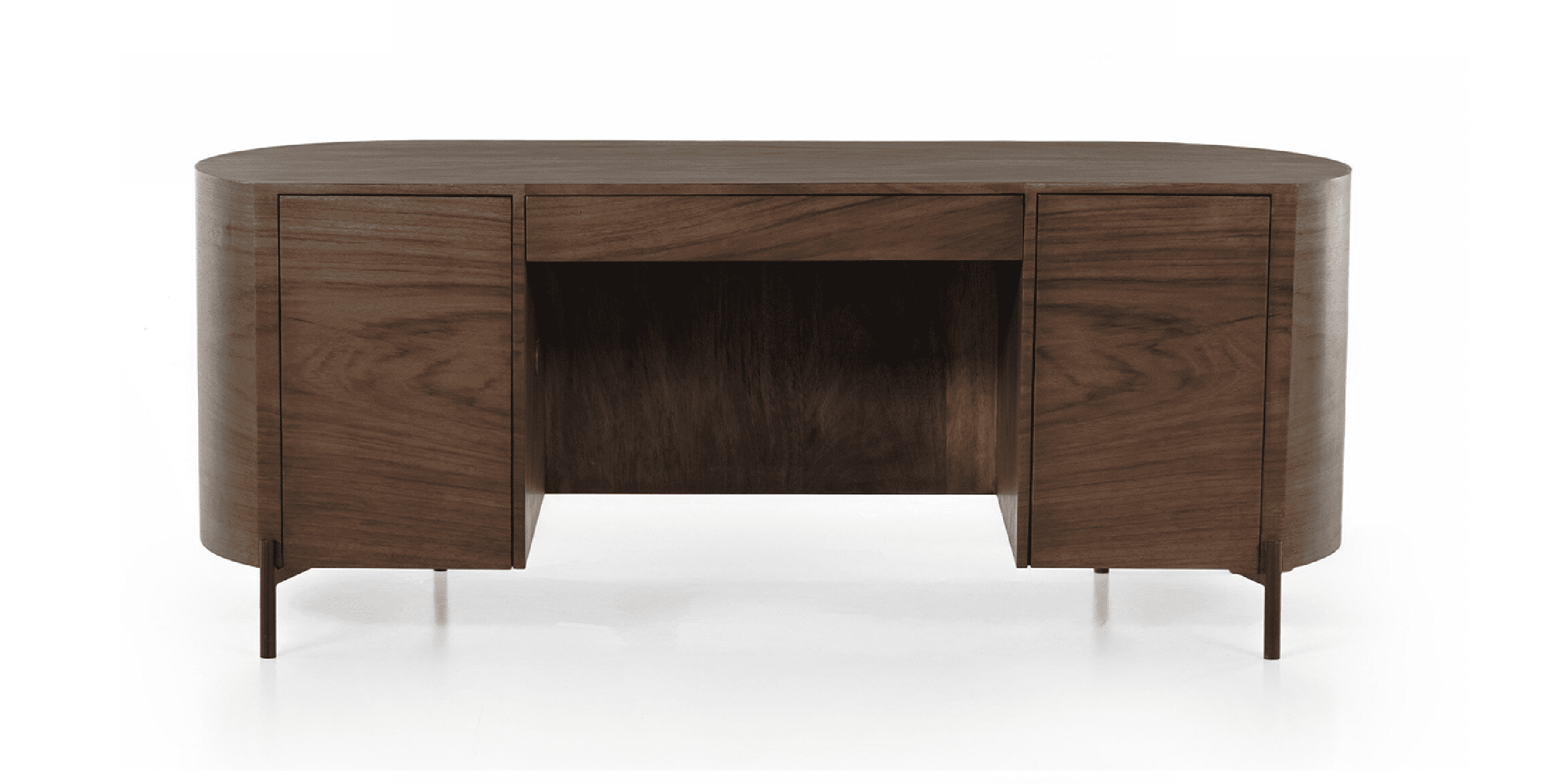 Sleek dark walnut desk with minimalist design and integrated storage for modern workspaces.