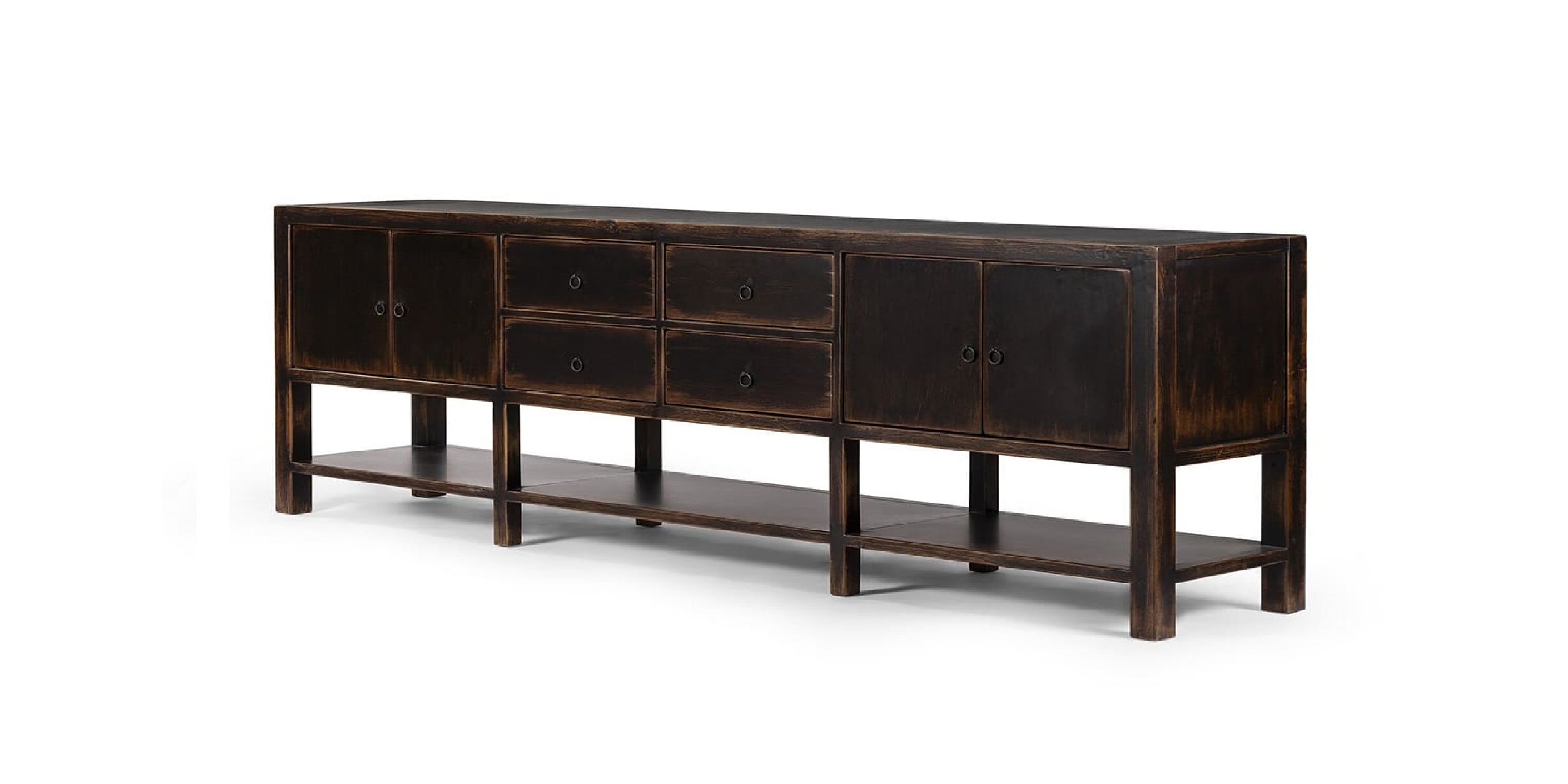 Stylish dark wood console with minimalist design, cabinets, drawers, and open shelf for versatile storage.