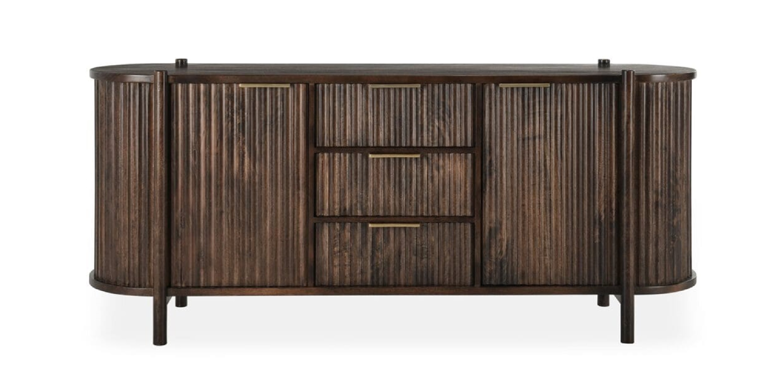 Elegant dark wood sideboard with ribbed design, minimalistic handles, and ample storage space.
