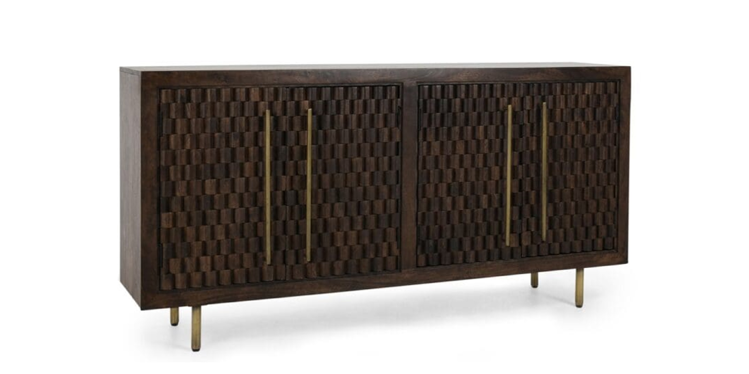 Modern dark wood sideboard with unique pattern and brass handles for stylish storage solution.