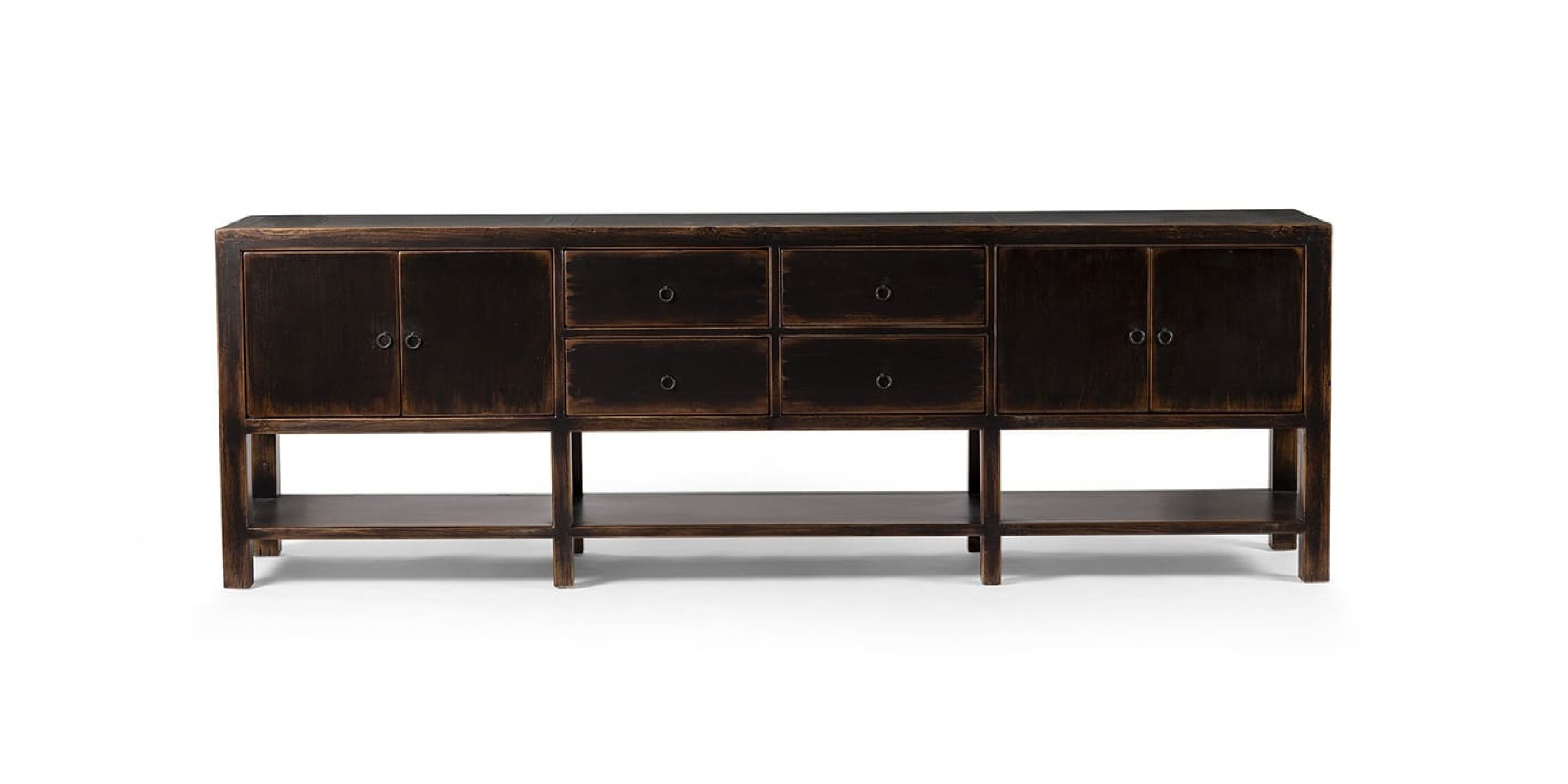 Stylish dark finish sideboard with antique charm, offering storage and display options for any decor.