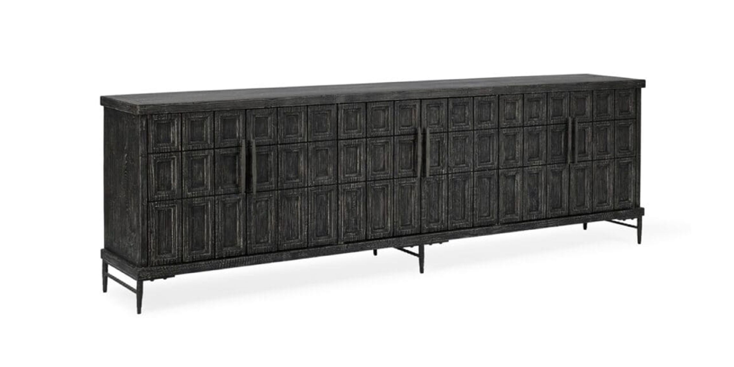 Sophisticated modern sideboard with textured panels and minimalist design, perfect for contemporary interiors.