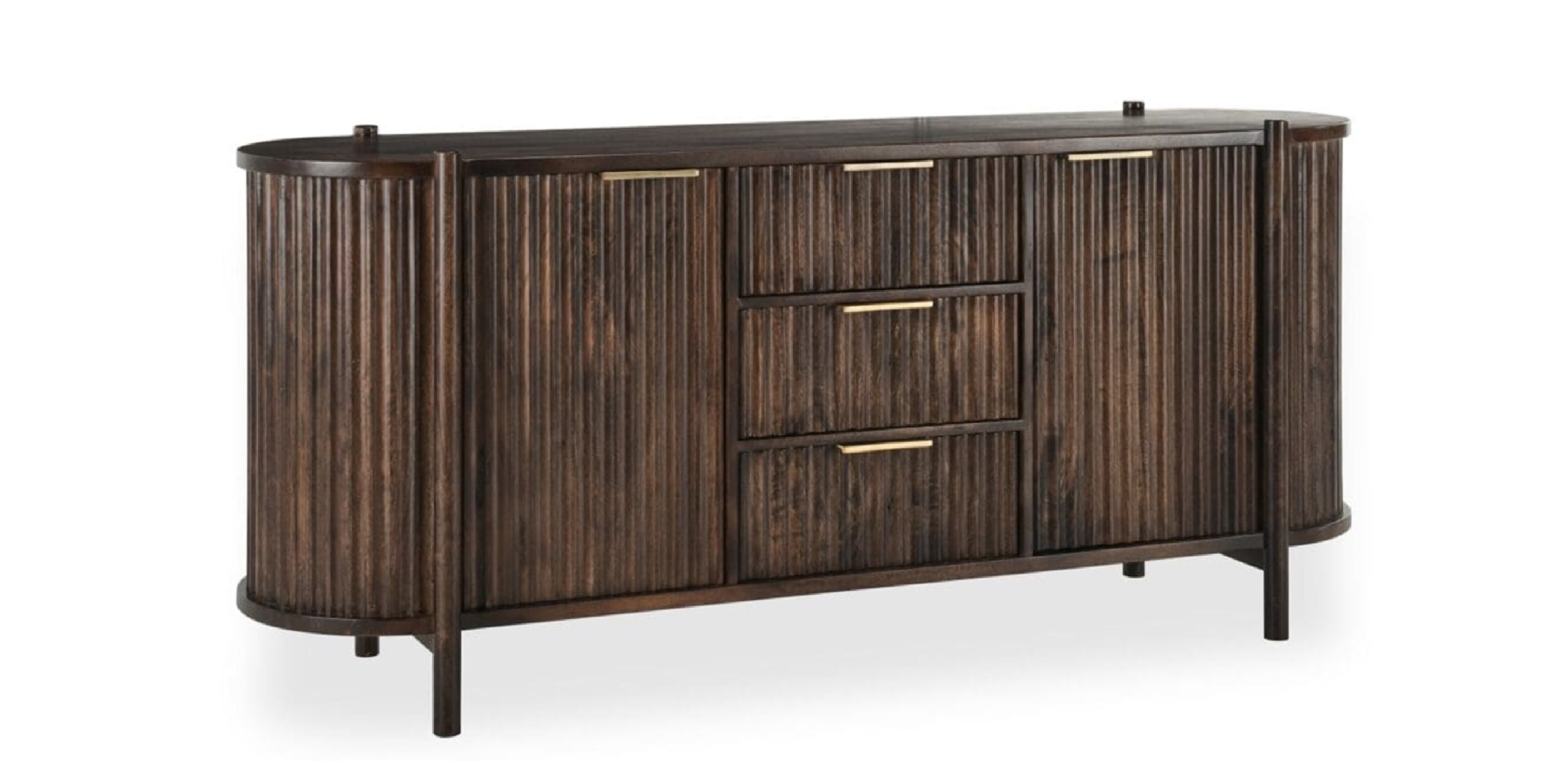 Stylish modern sideboard with ribbed design, gold handles, and spacious storage compartments.