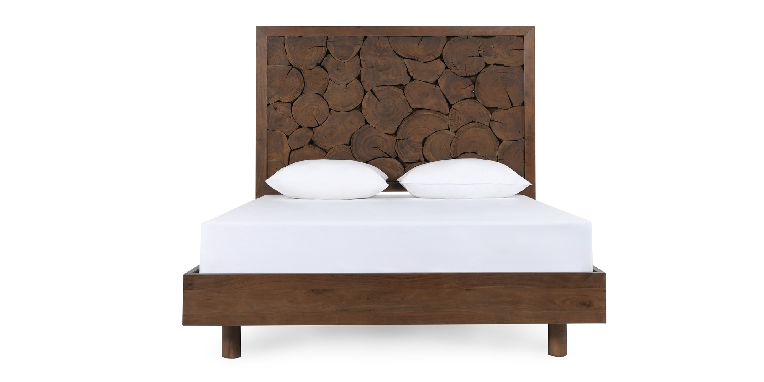 Rustic chic wood bed with unique circular log headboard, perfect for modern or farmhouse interiors.