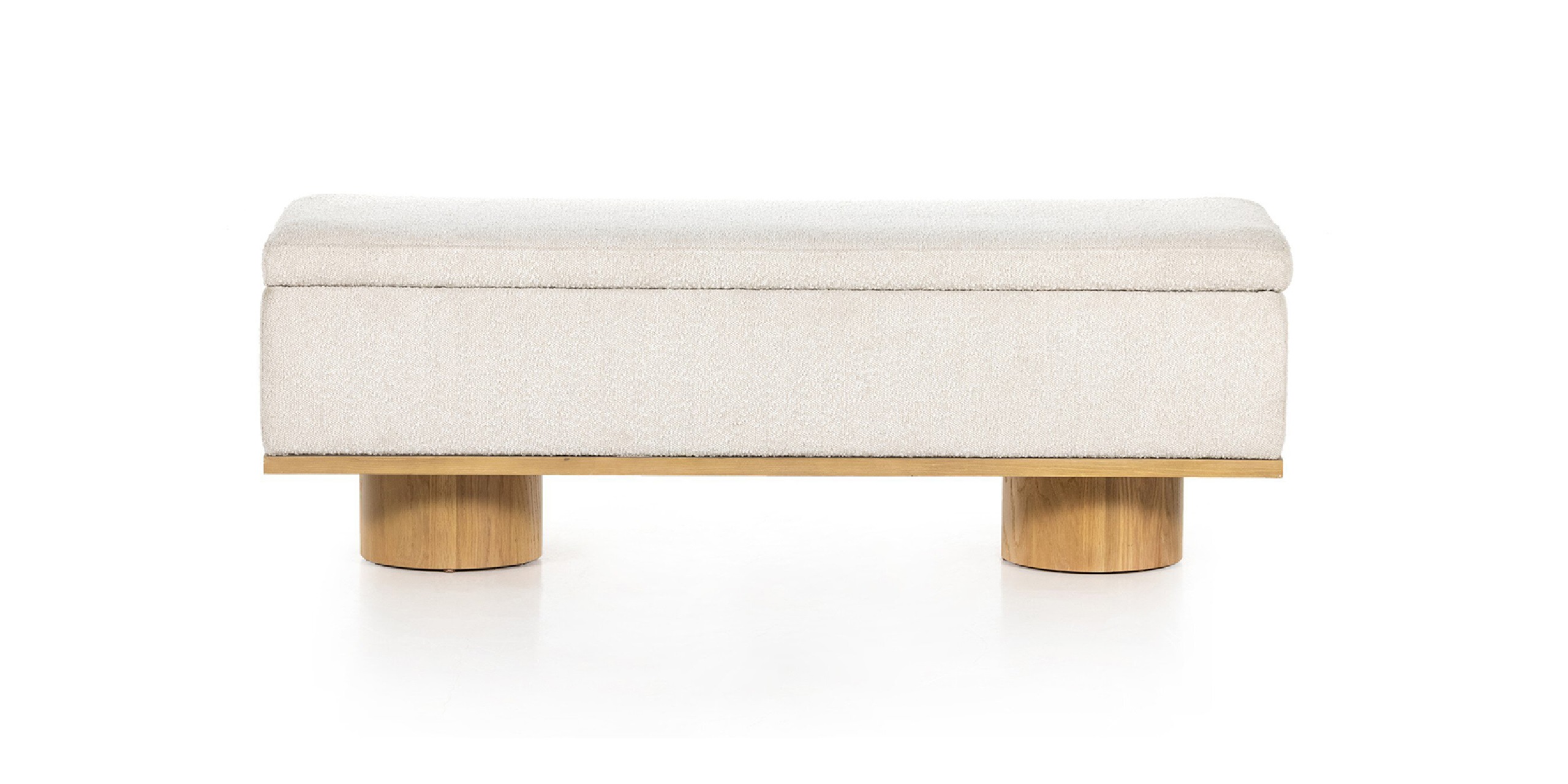 Elegant minimalist beige bench with plush cushion and wooden legs for modern interiors.