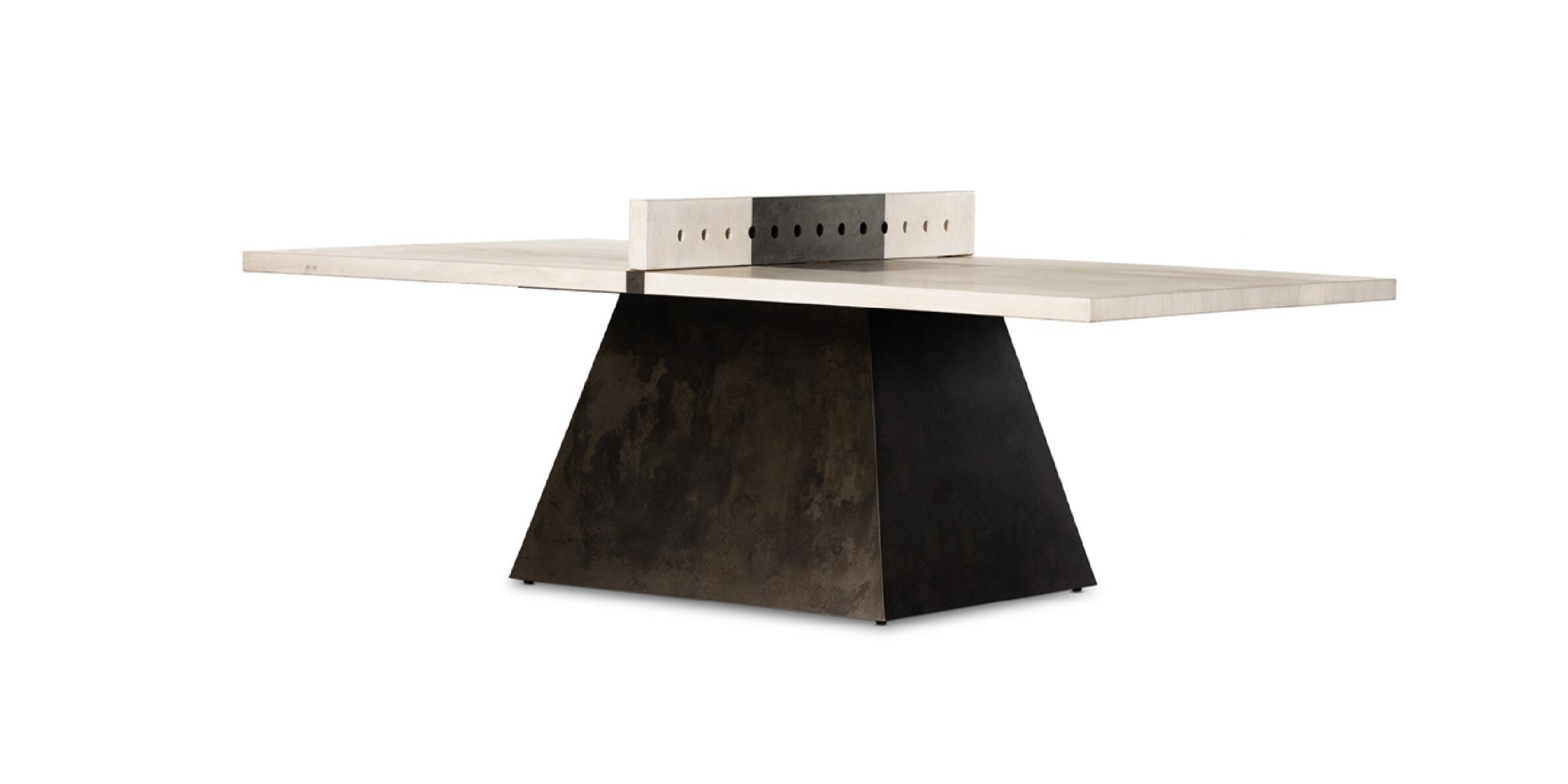 Minimalist industrial table with light concrete top and geometric dark base, featuring a central cut-out.