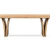 Elegant minimalist wood dining table with polished surface and unique curved legs for modern spaces.