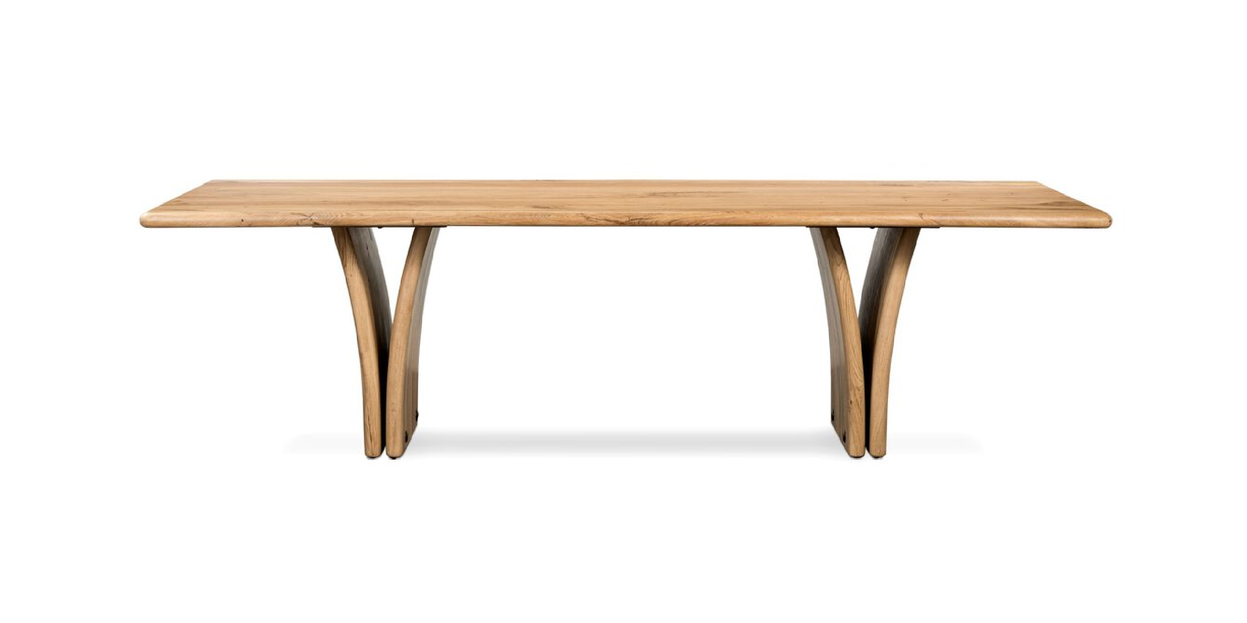 Elegant minimalist wood dining table with polished surface and unique curved legs for modern spaces.