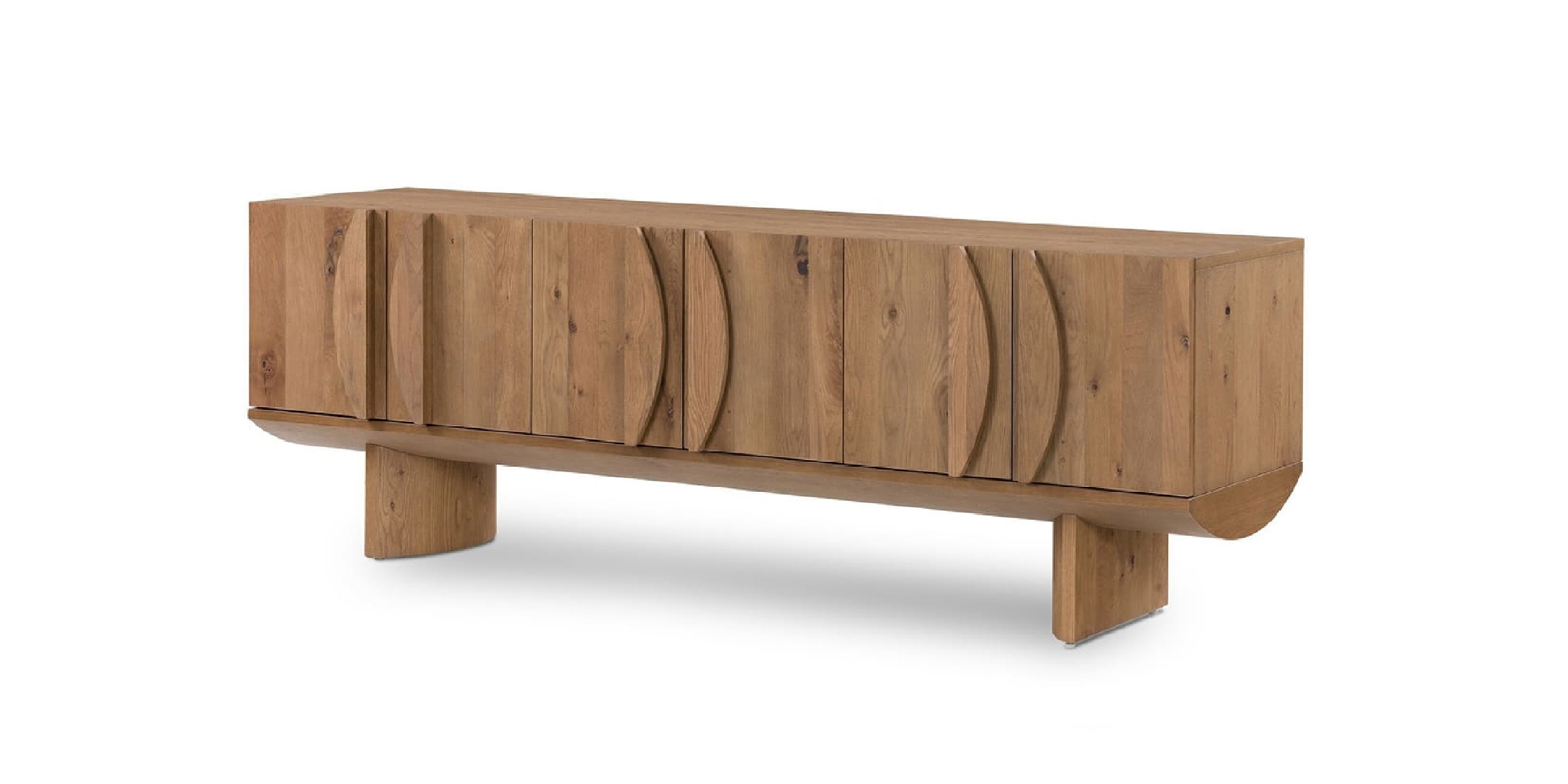 Sleek wooden sideboard with minimalist design, curved handles, and stylish storage for modern interiors.