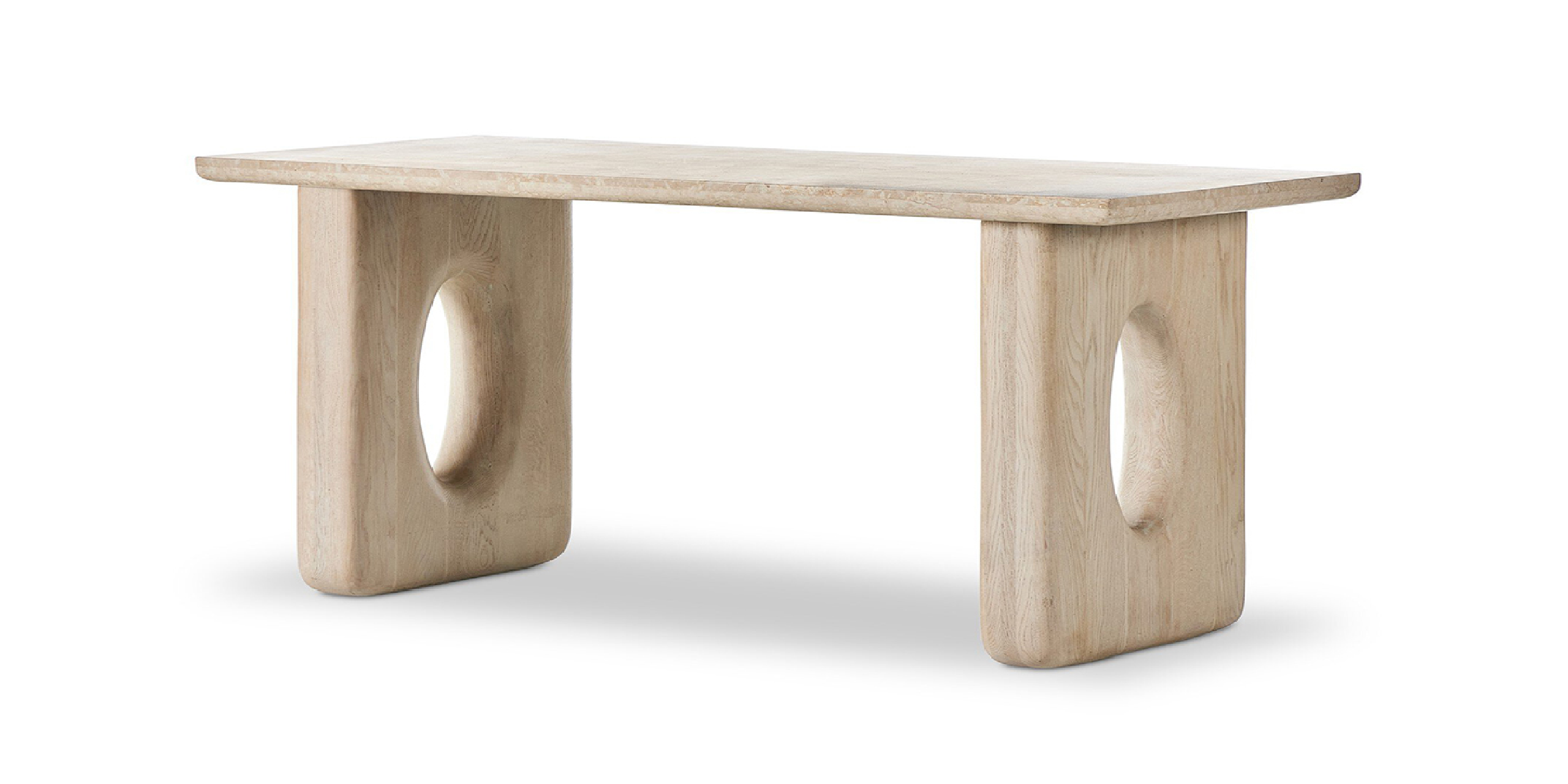 Stylish minimalist wooden dining table with unique cylindrical bases and a sleek design.