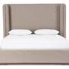 Stylish contemporary bed with beige upholstered headboard and white bedding, ideal for modern bedrooms.