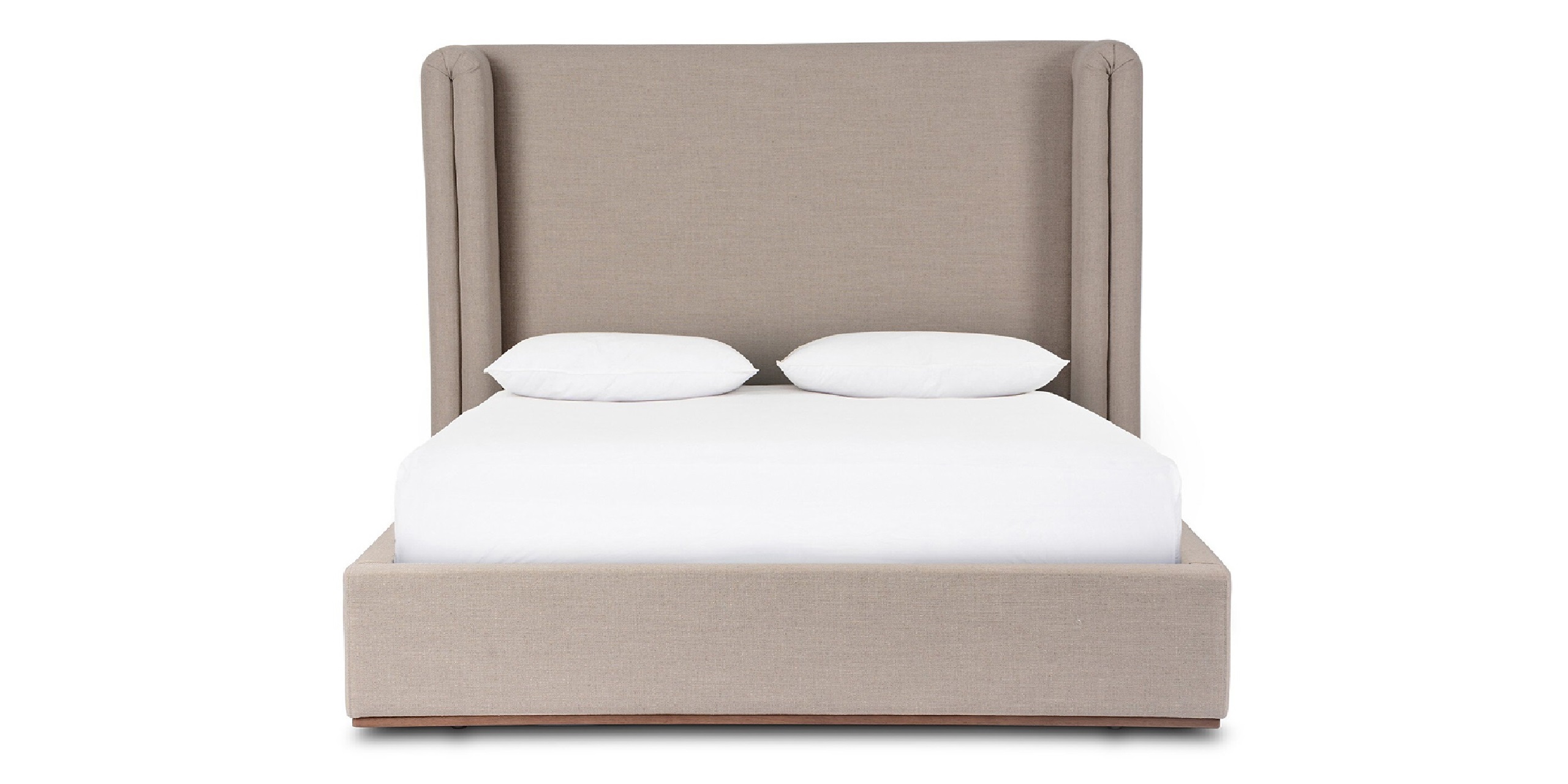 Stylish contemporary bed with beige upholstered headboard and white bedding, ideal for modern bedrooms.