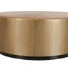 Elegant circular coffee table with warm wood top and luxurious gold base, perfect for any space.