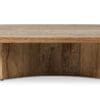 Stylish wooden coffee table with curved edges and an elegant arc-shaped base for modern interiors.