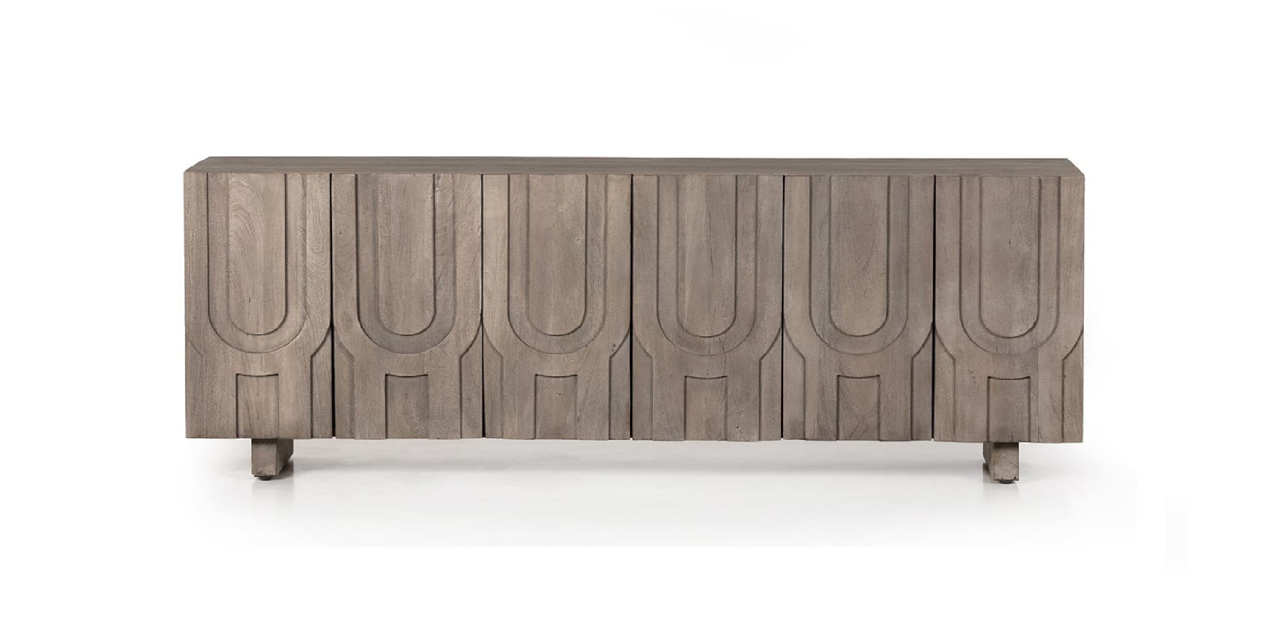 Sleek gray console table with unique round patterns, perfect for contemporary interiors.