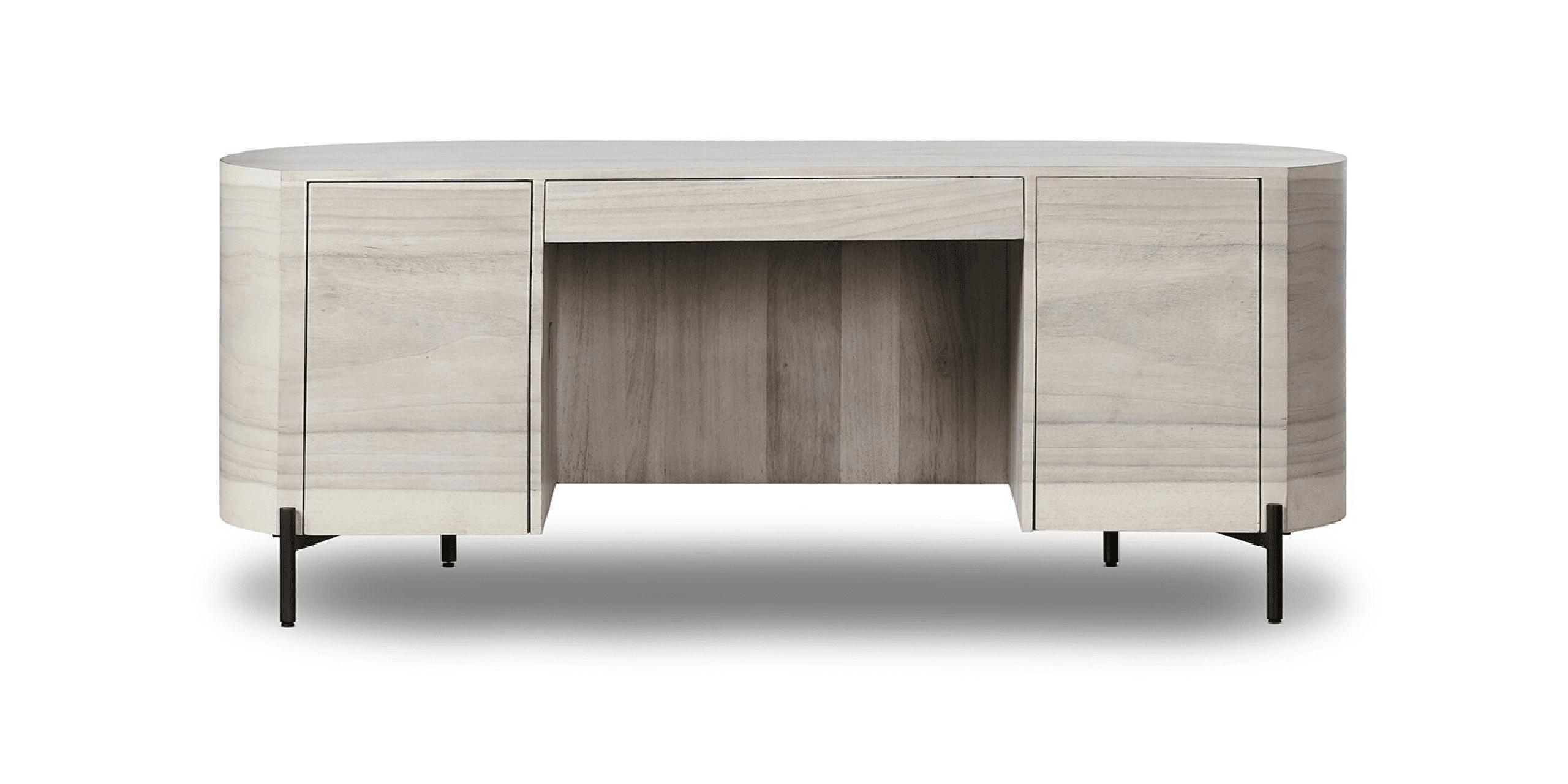 Modern oval console table with light wood surface and dark metal legs, perfect for stylish organization.