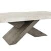 Contemporary dining table with concrete top and dark wood crisscross base, perfect for modern spaces.