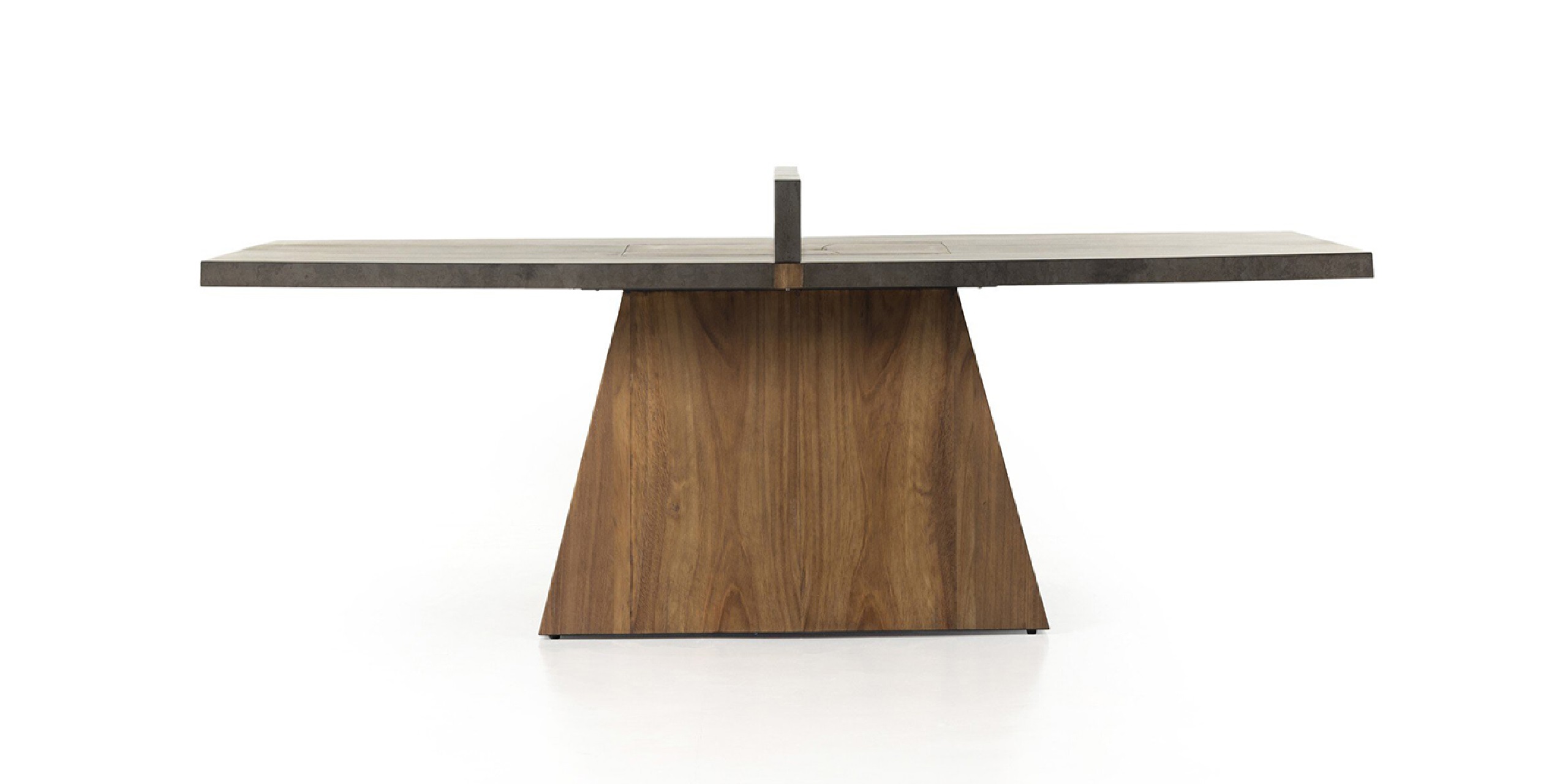Sleek modern dining table combining dark stone and warm wood in a striking design.