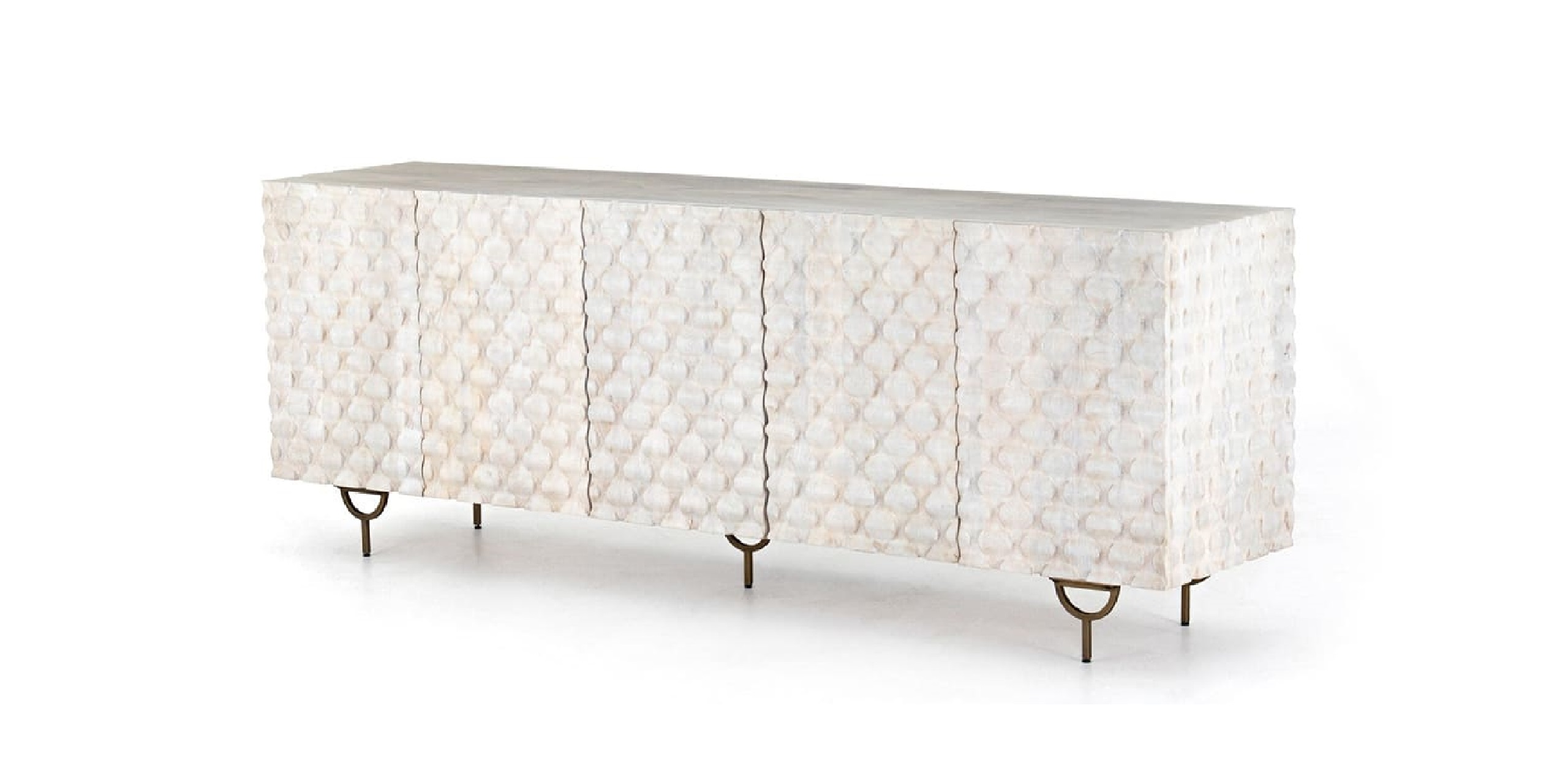 Sleek cream sideboard with geometric texture and metal legs, perfect for modern interiors.