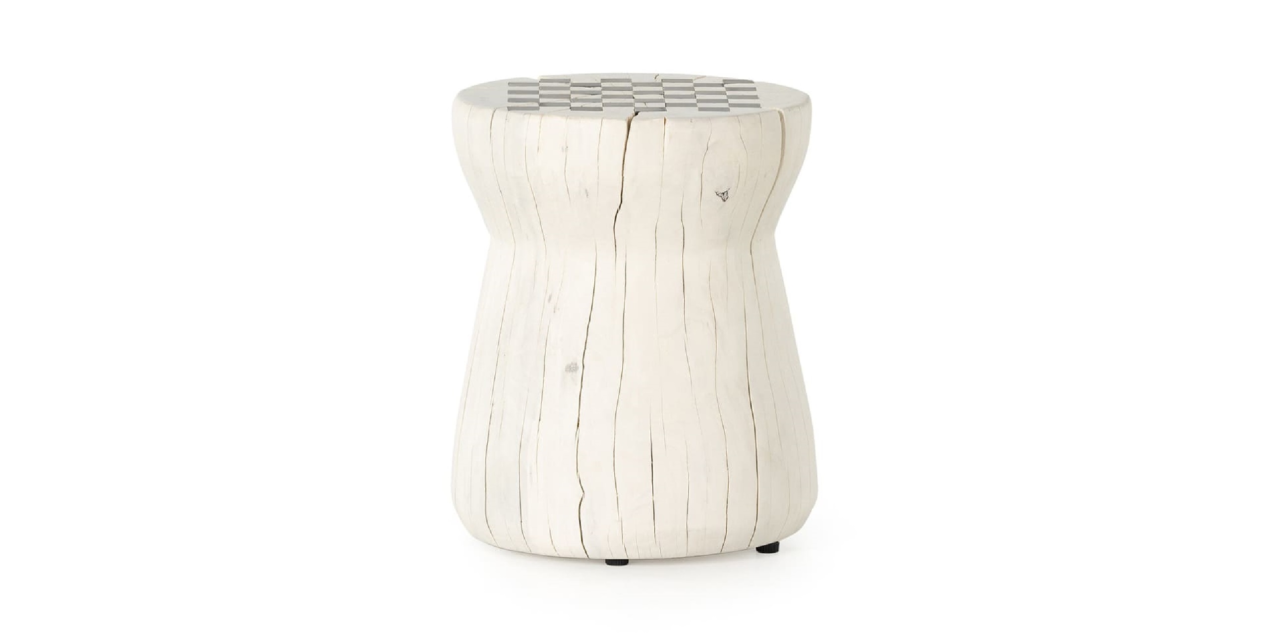 Modern hourglass stool with wood-like texture and chic checkerboard tiles for versatile décor.