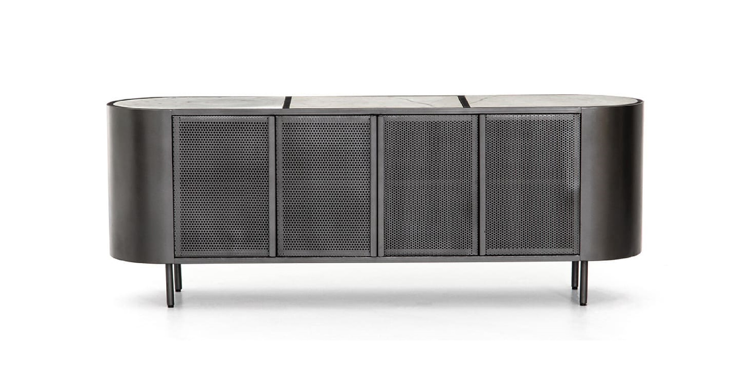 Modern industrial sideboard with perforated doors and sleek, minimalist design for stylish interiors.