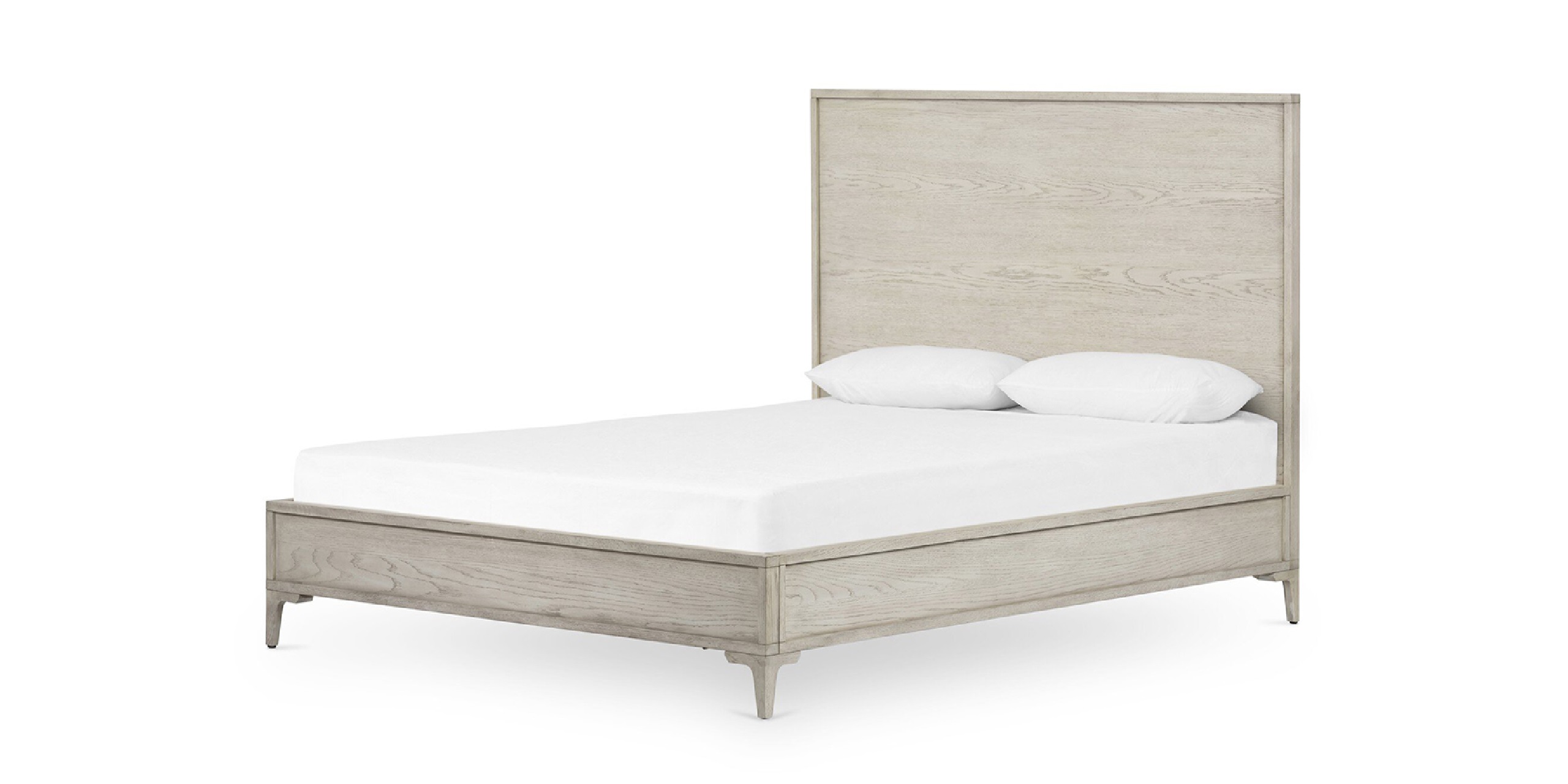 Minimalist light wood bed frame with sleek design, tall headboard, and white bedding.