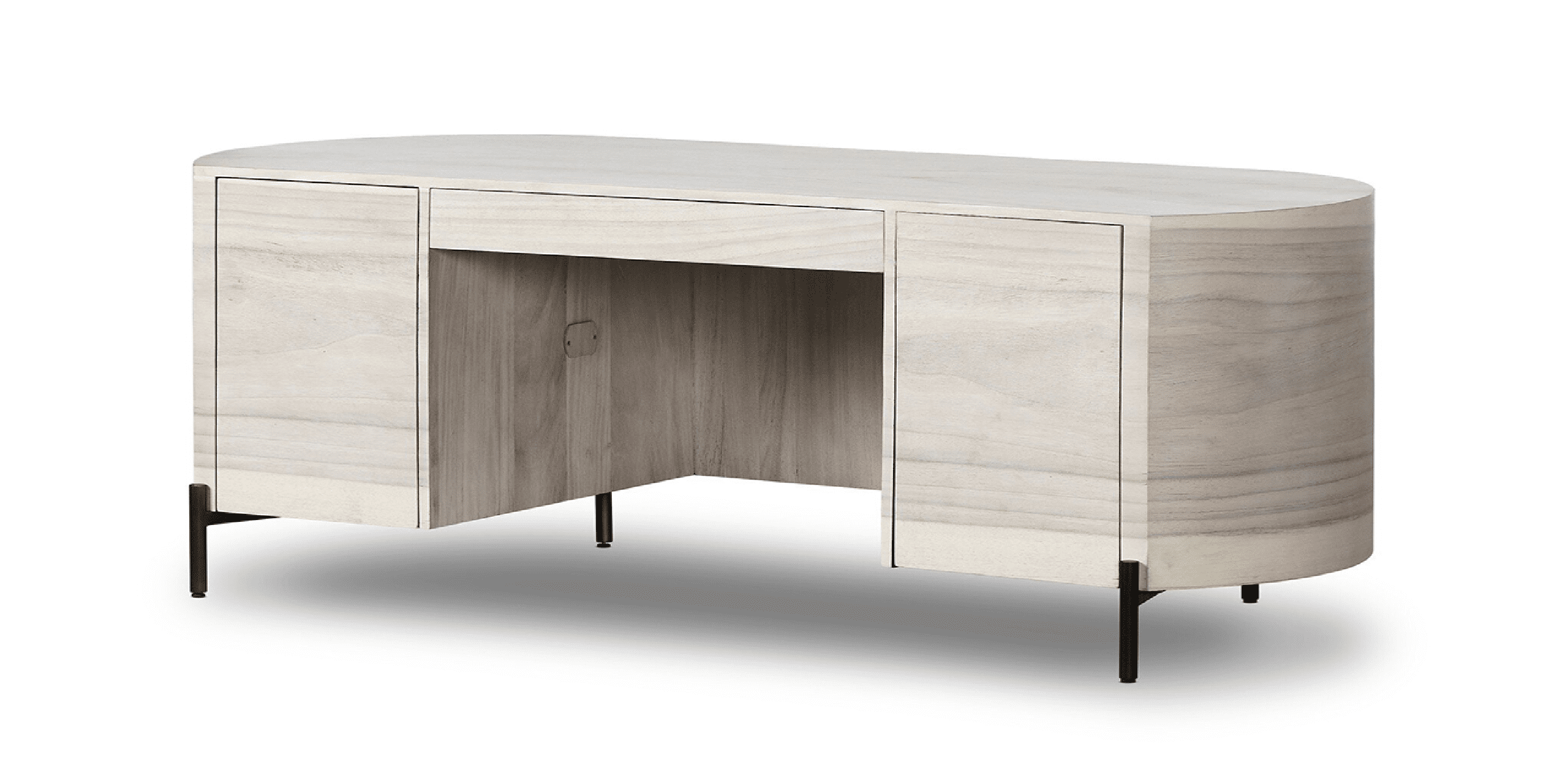 Elegant modern minimalist desk with light wood surface and hidden storage, perfect for any workspace.