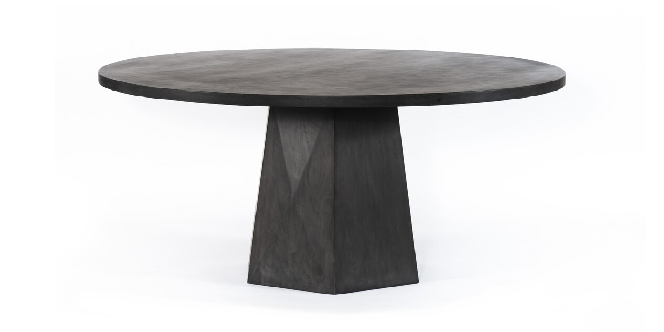 Modern round table with geometric base, matte finish, perfect for casual or formal dining.