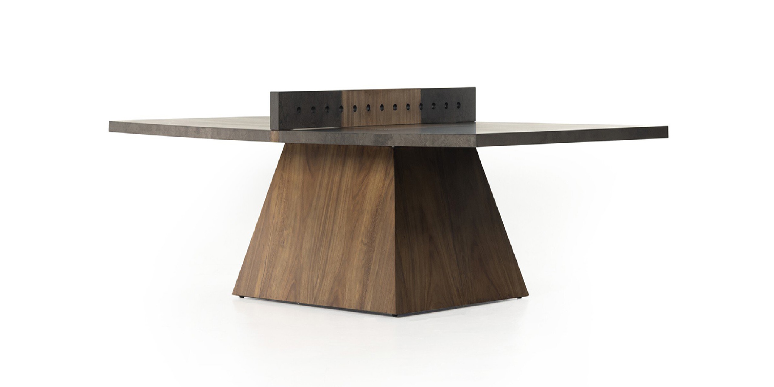 Elegant minimalist table with dark wood finish and integrated cable management for modern living spaces.