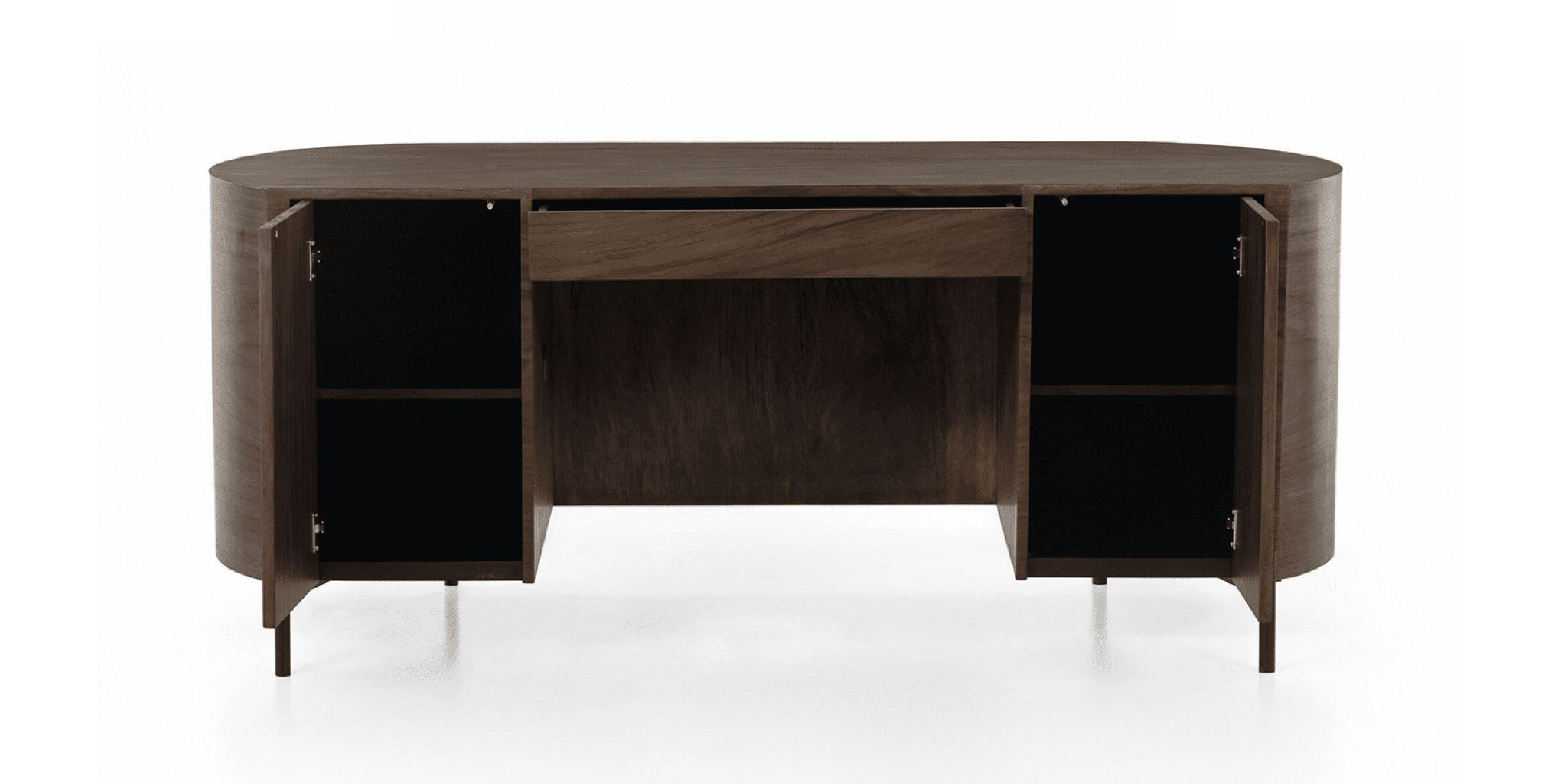 Stylish oval wooden desk with storage, featuring a polished finish and sleek, modern design.