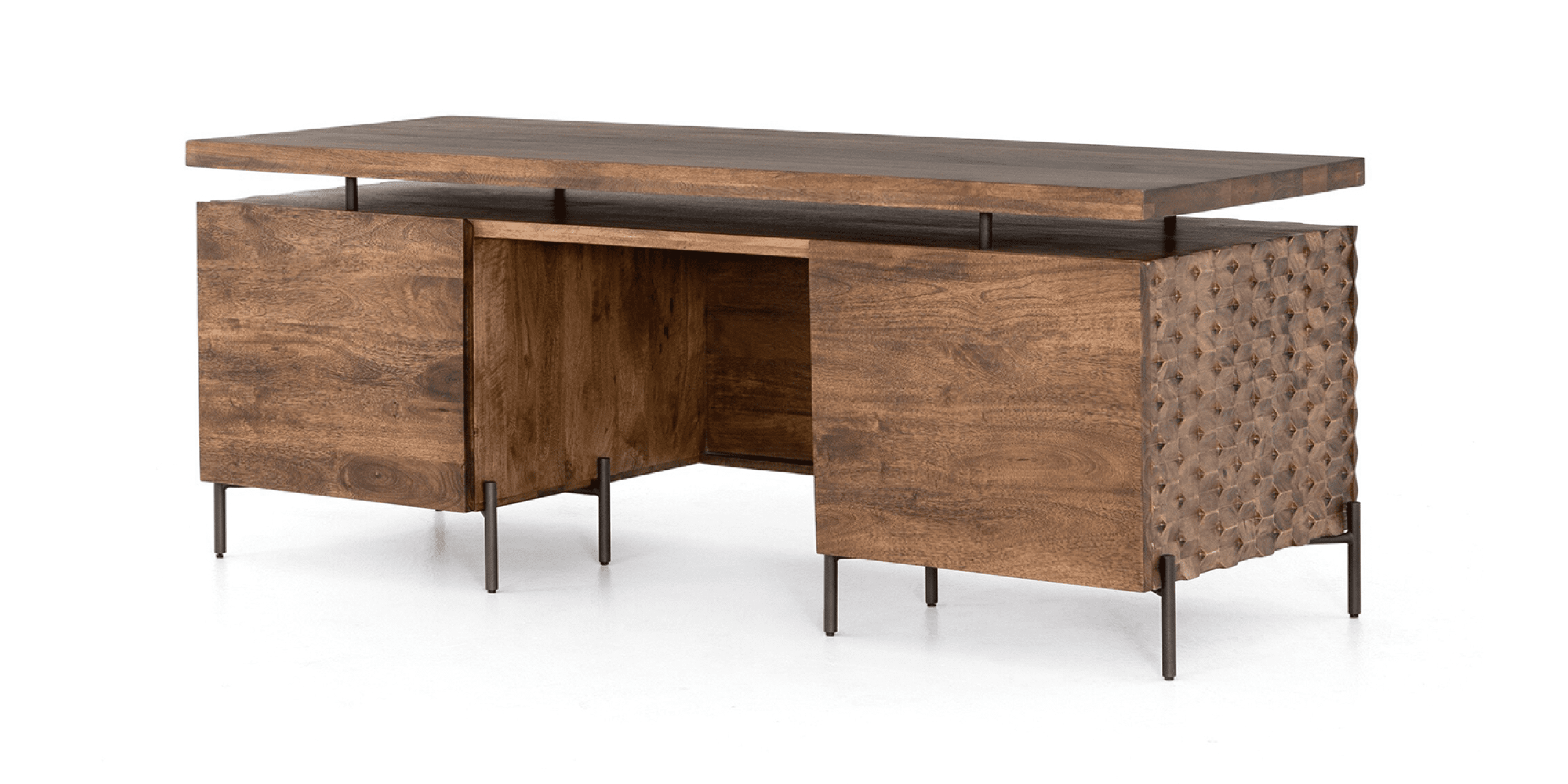 Elegant modern rustic desk with storage, featuring a rich wooden surface and sleek metal legs.