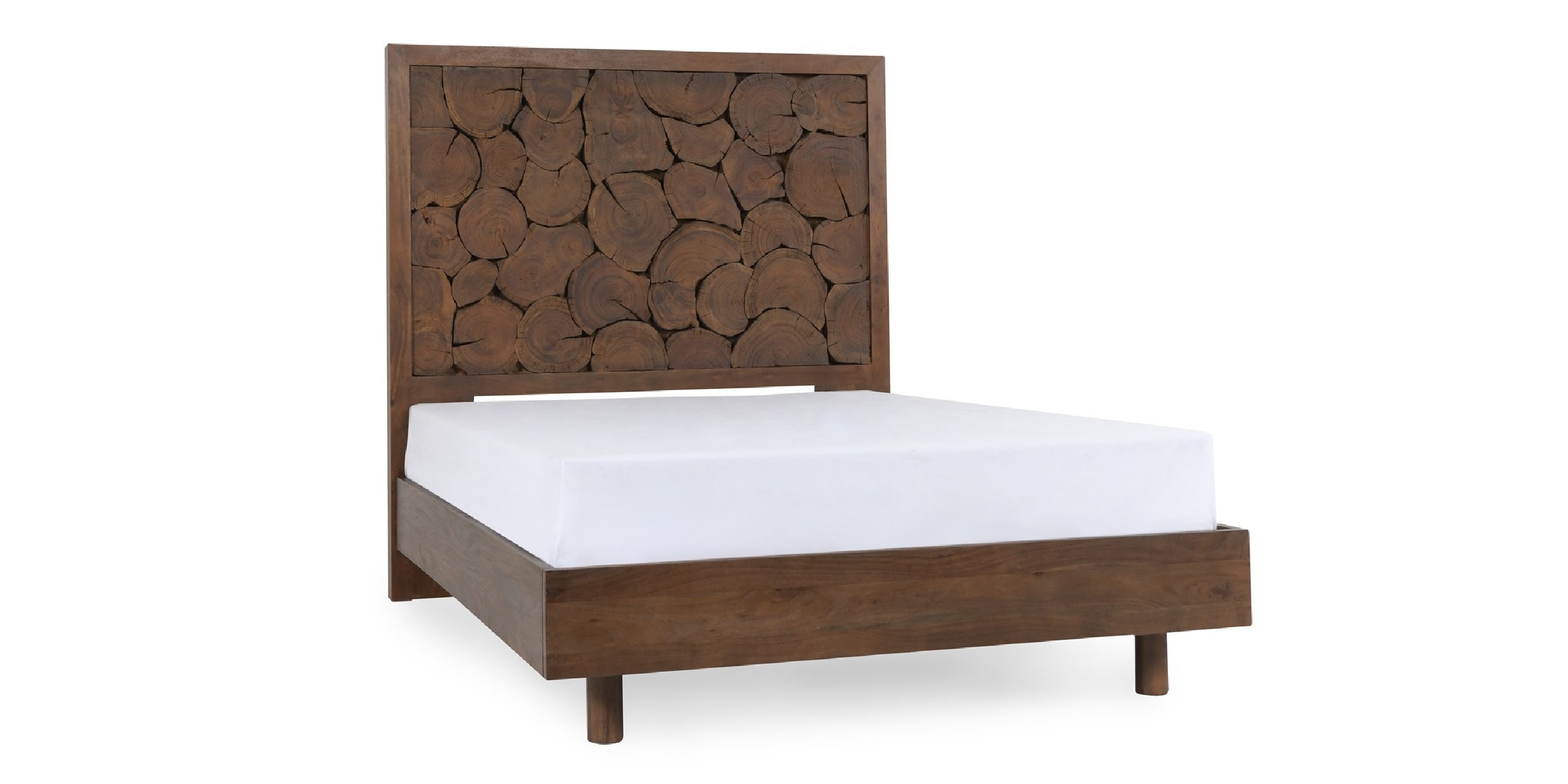 Unique rustic wood bed with circular log headboard, combining elegance and natural warmth.