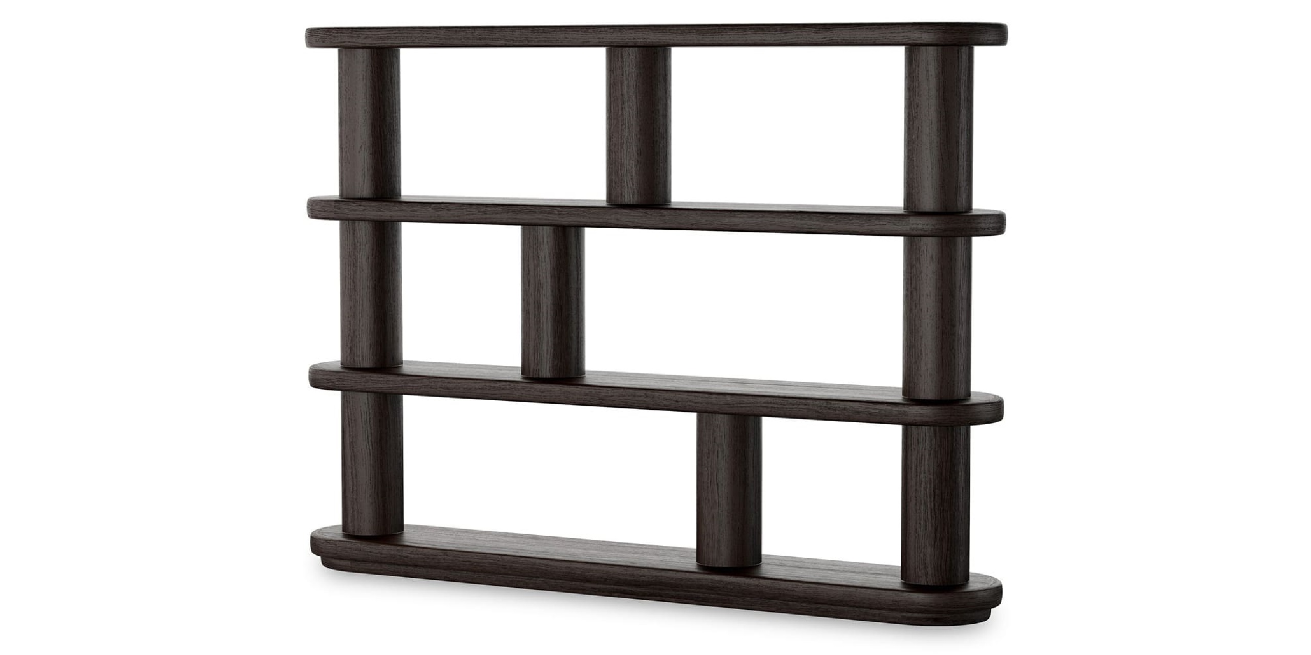 Sleek dark wood shelving unit with elegant design for stylish and versatile storage solutions.