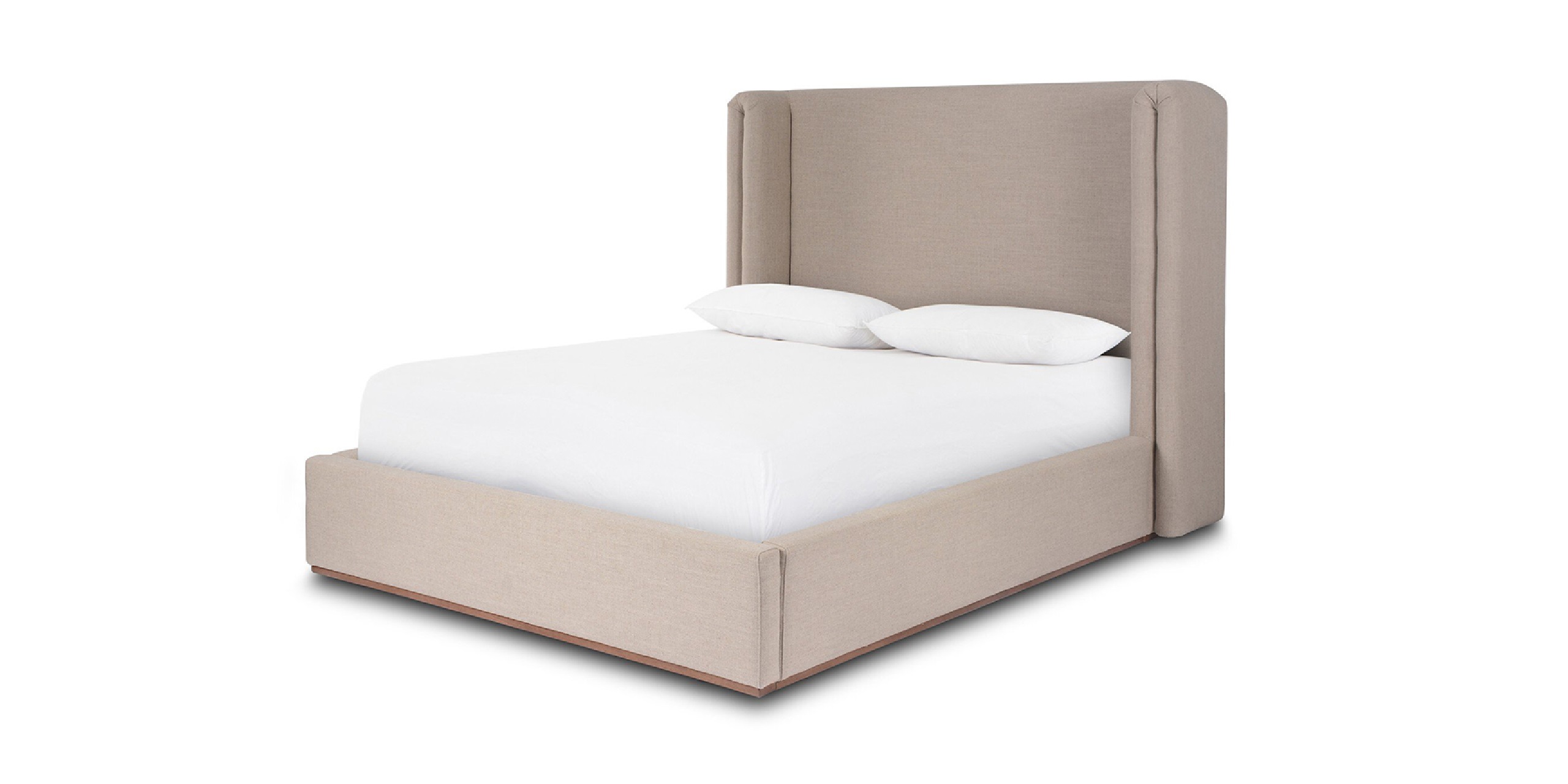 Elegant modern upholstered bed with a beige headboard and white bedding for a stylish bedroom.