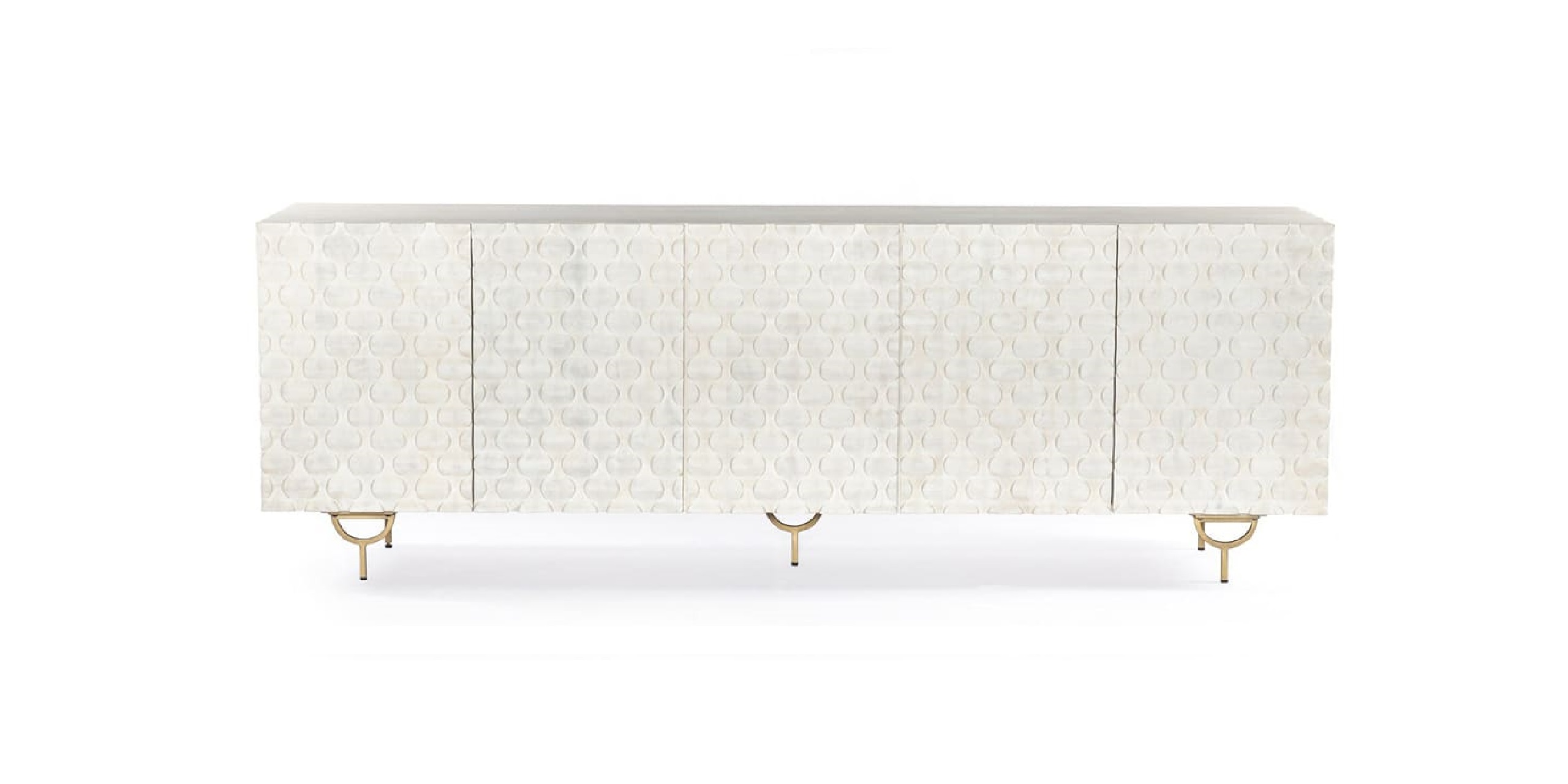 Sleek white sideboard with textured panels and gold legs, perfect for modern interiors.