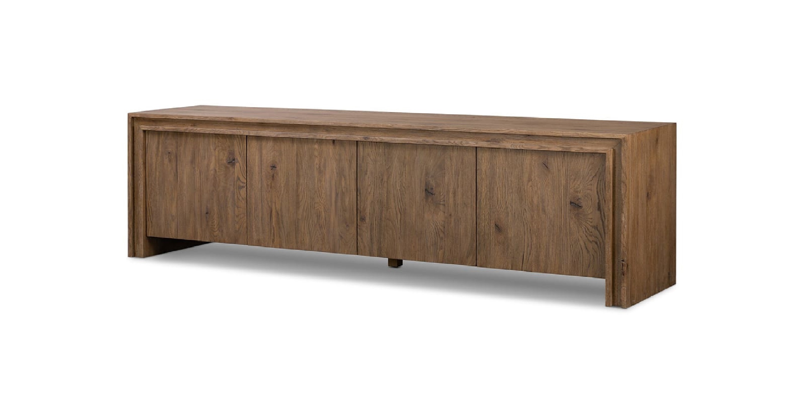 Contemporary wooden media console with sleek design and hidden storage compartments for stylish organization.